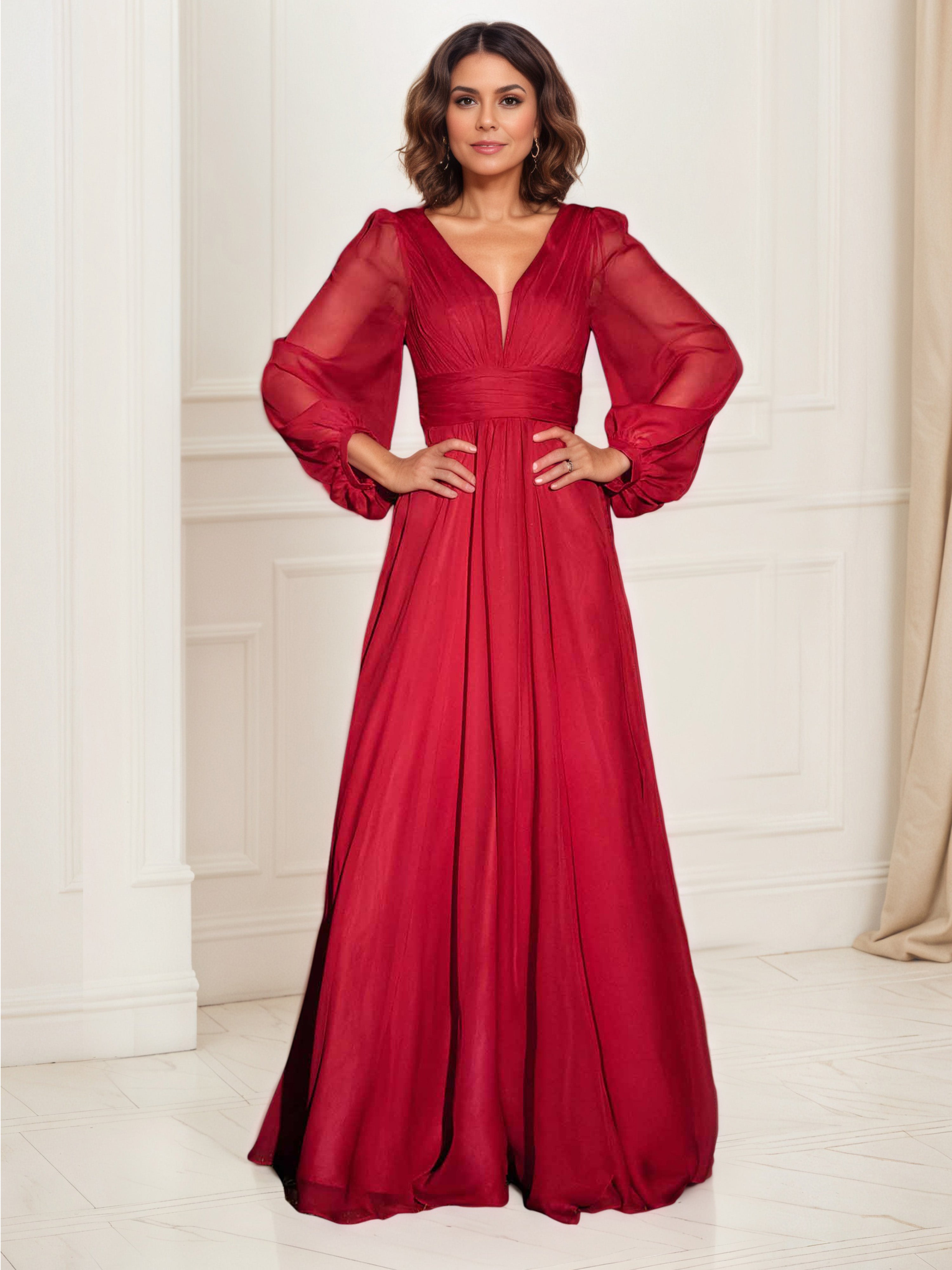 Red Prom Dresses Formal Long Sleeve Chiffon Prom Dress Red Prom Dresses Formal Long Sleeve Chiffon Prom Dress