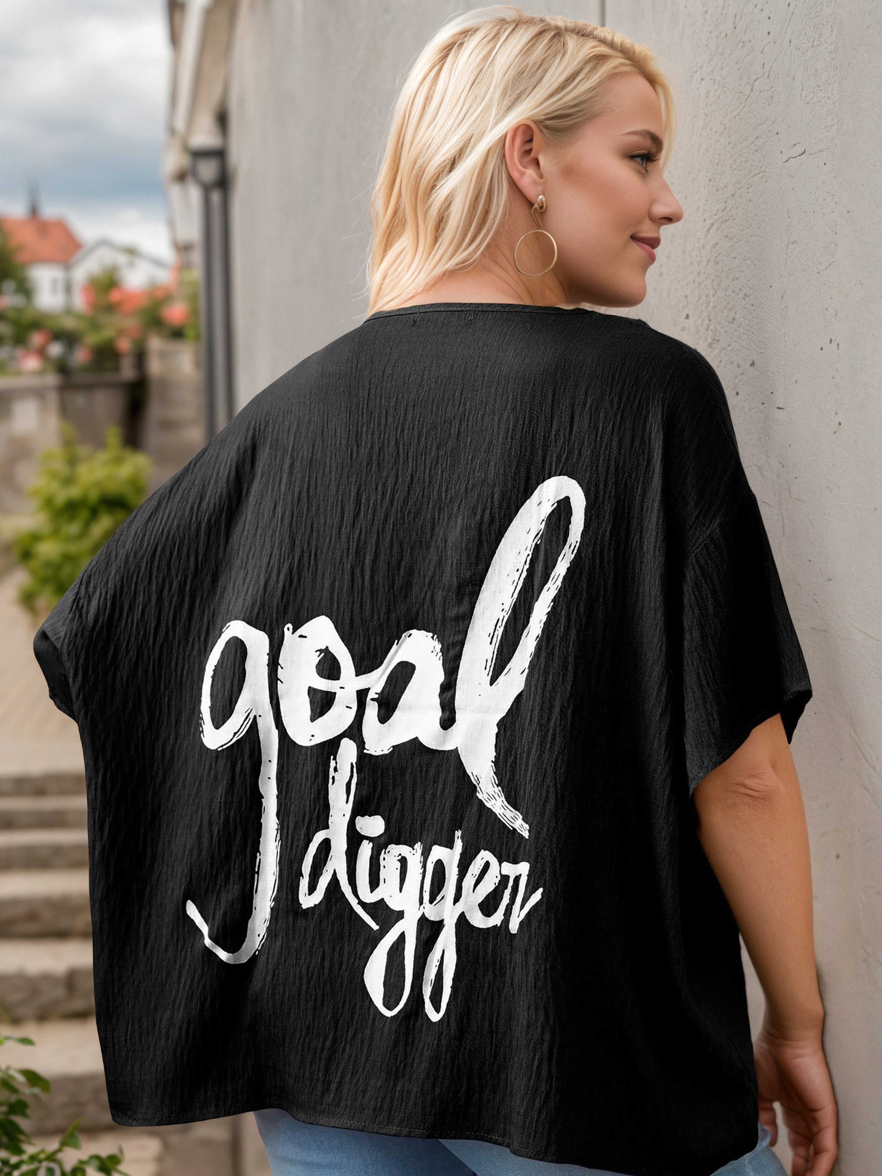 Plus Black Letter Print Round Neck Batwing Sleeve Tee