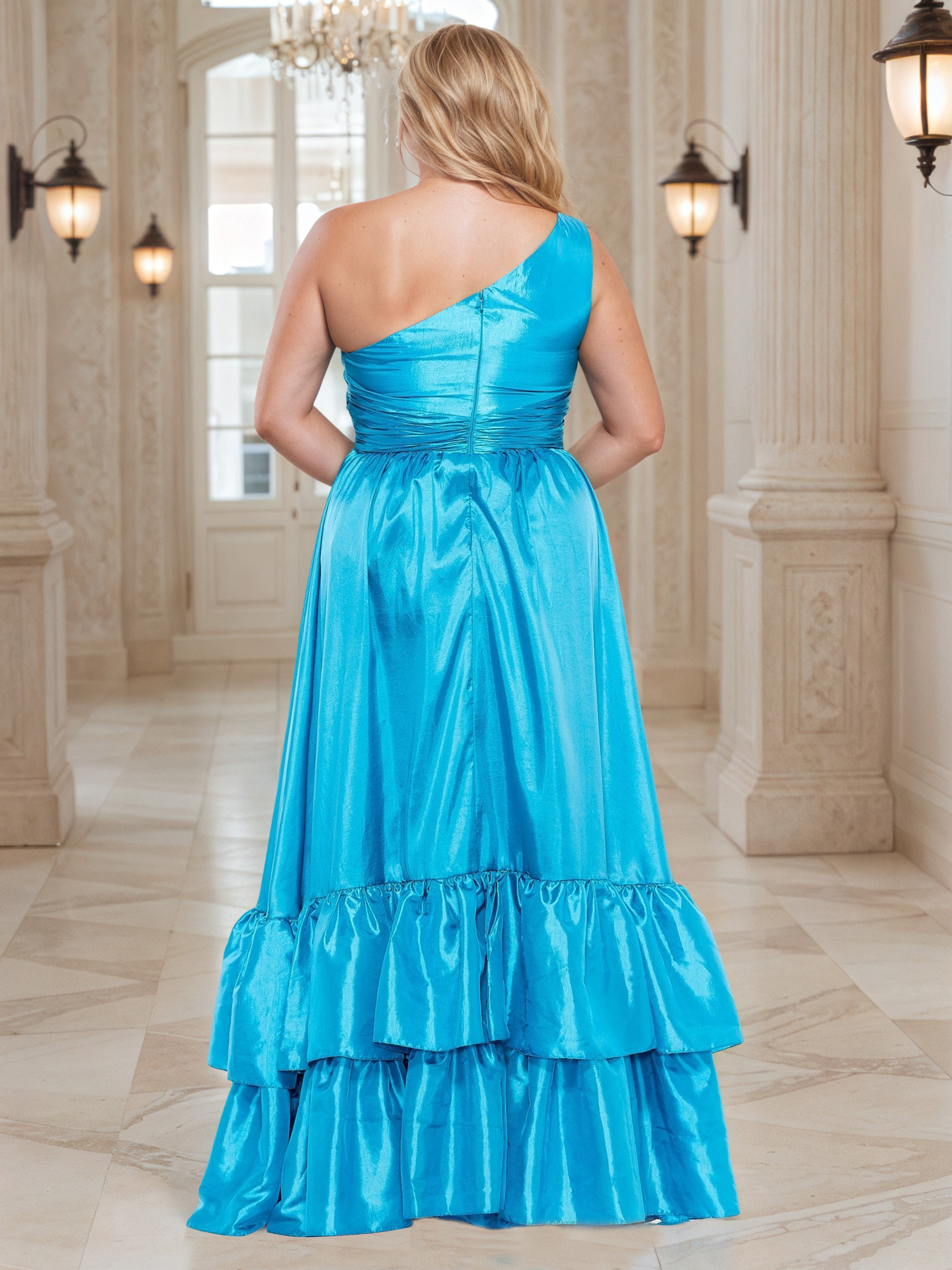 A-Line Ocean Blue One Shoulder Prom Dress Sleeveless Layers Plus Size Dress