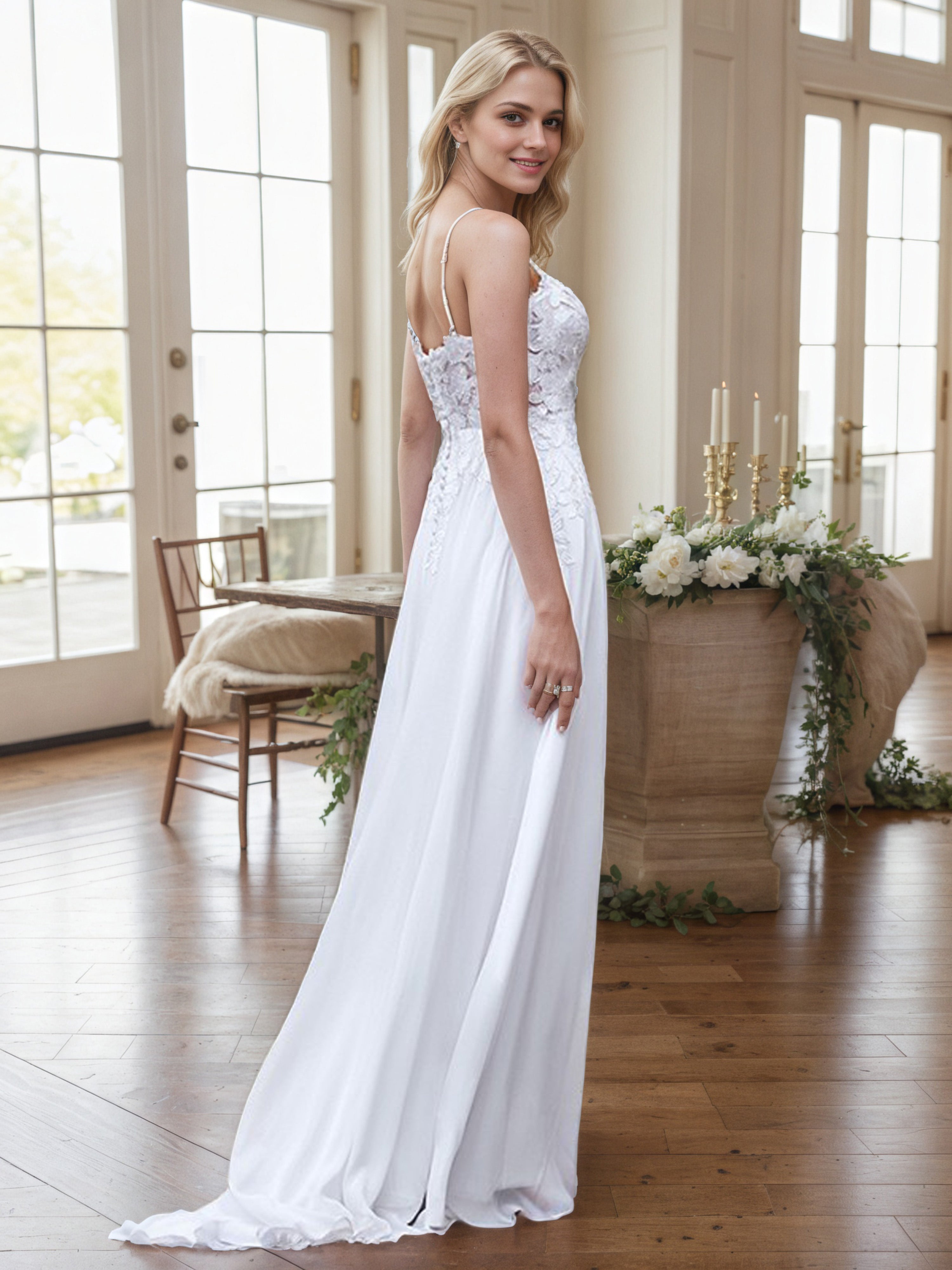 Ivory Prom Dress A-Line Spaghetti Straps Lace Bodice Chiffon Prom Dress