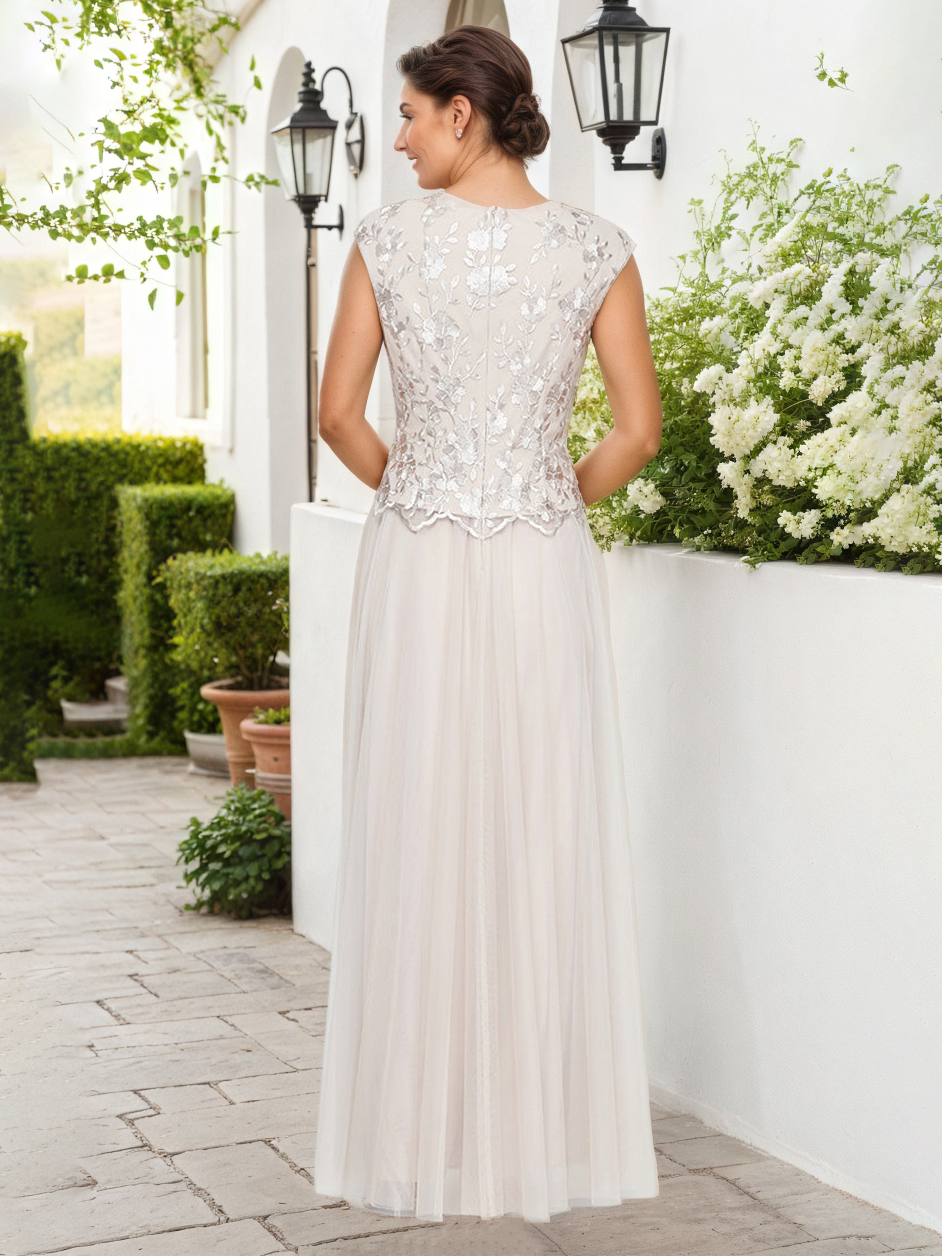 Short Sleeve V-Neck Gown with Embroidered Lace Bodice Mesh Skirt A-Line Mother Of The Bride Dress