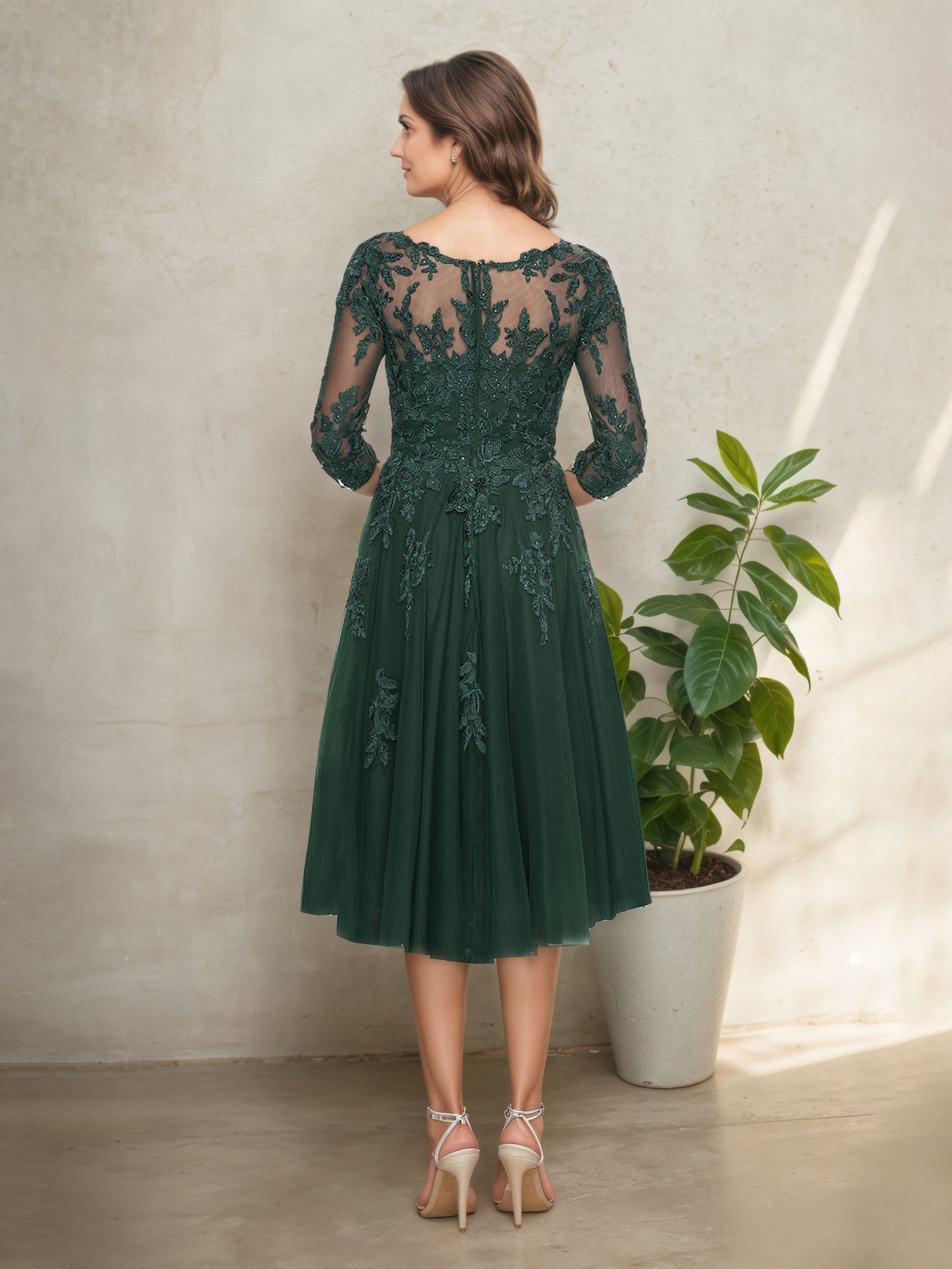 3/4 Sleeves Lace Bodice V-Neck Mother Of The Bride Dress