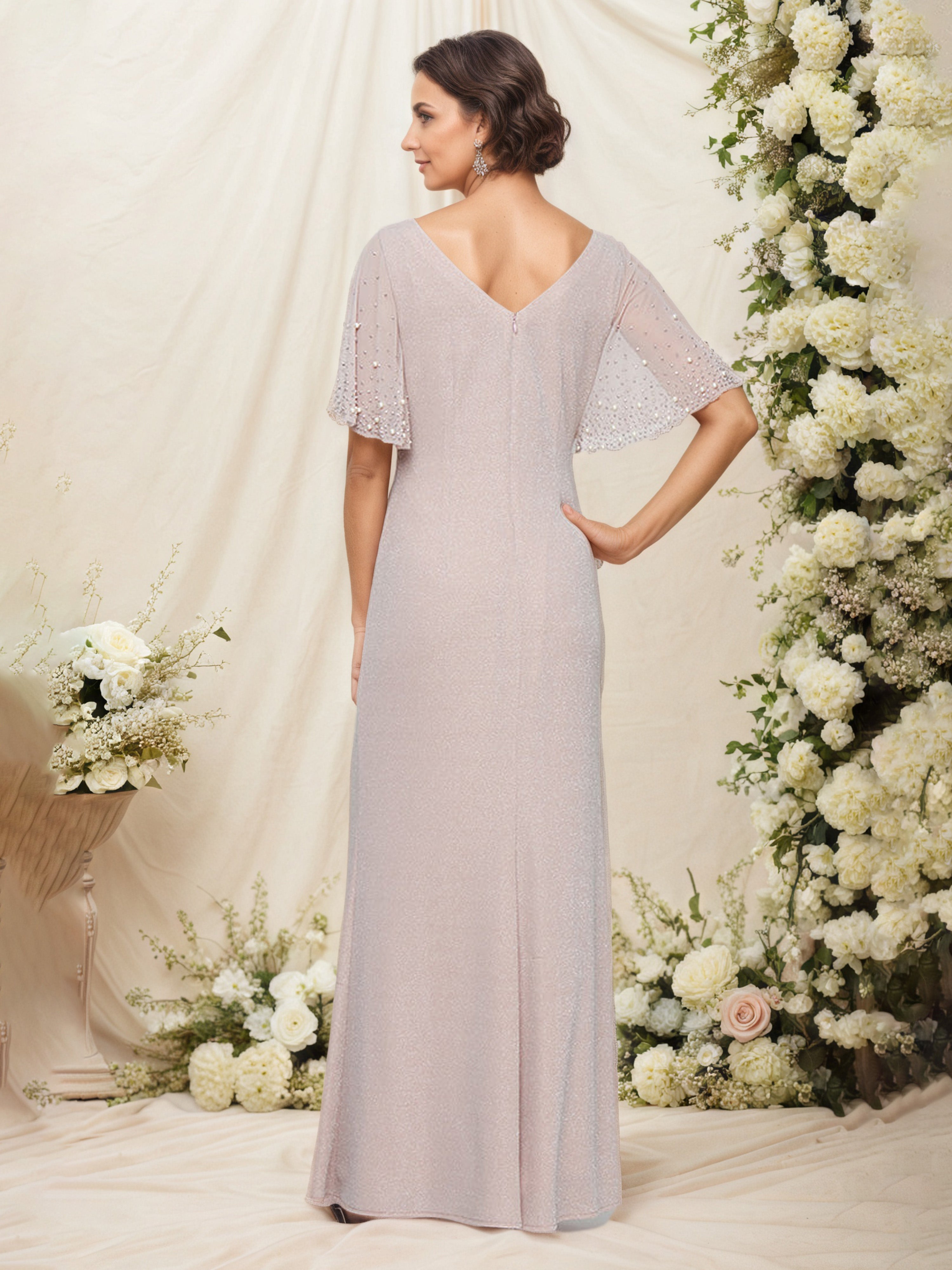 Blush Embellished Flutter Sleeve Mother of the Bride Dress with Ruched Waist