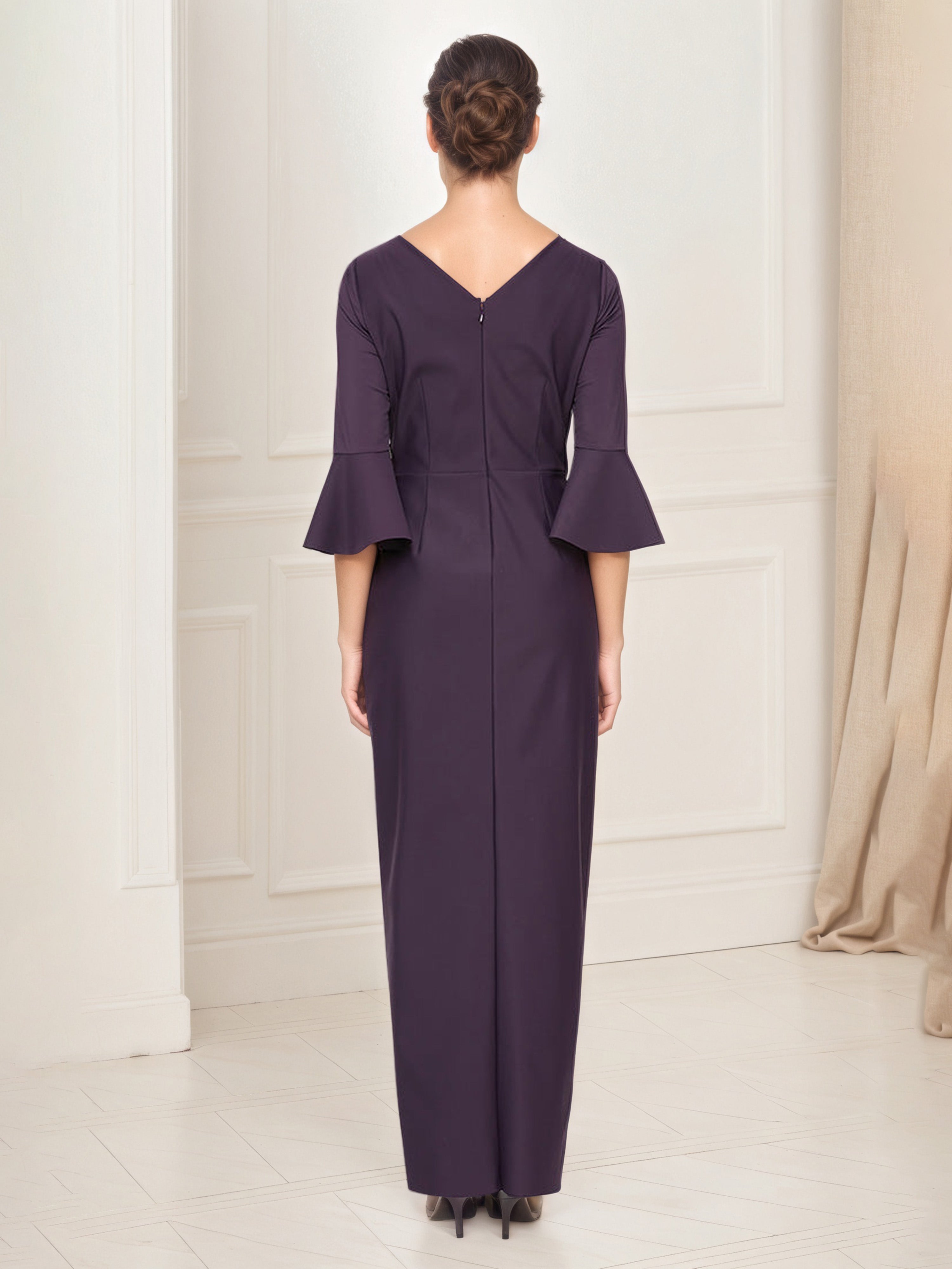 Long Sheath Bell Sleeves Ruffles Embellishment Waist Aubergine Mother Of The Bride Dresses