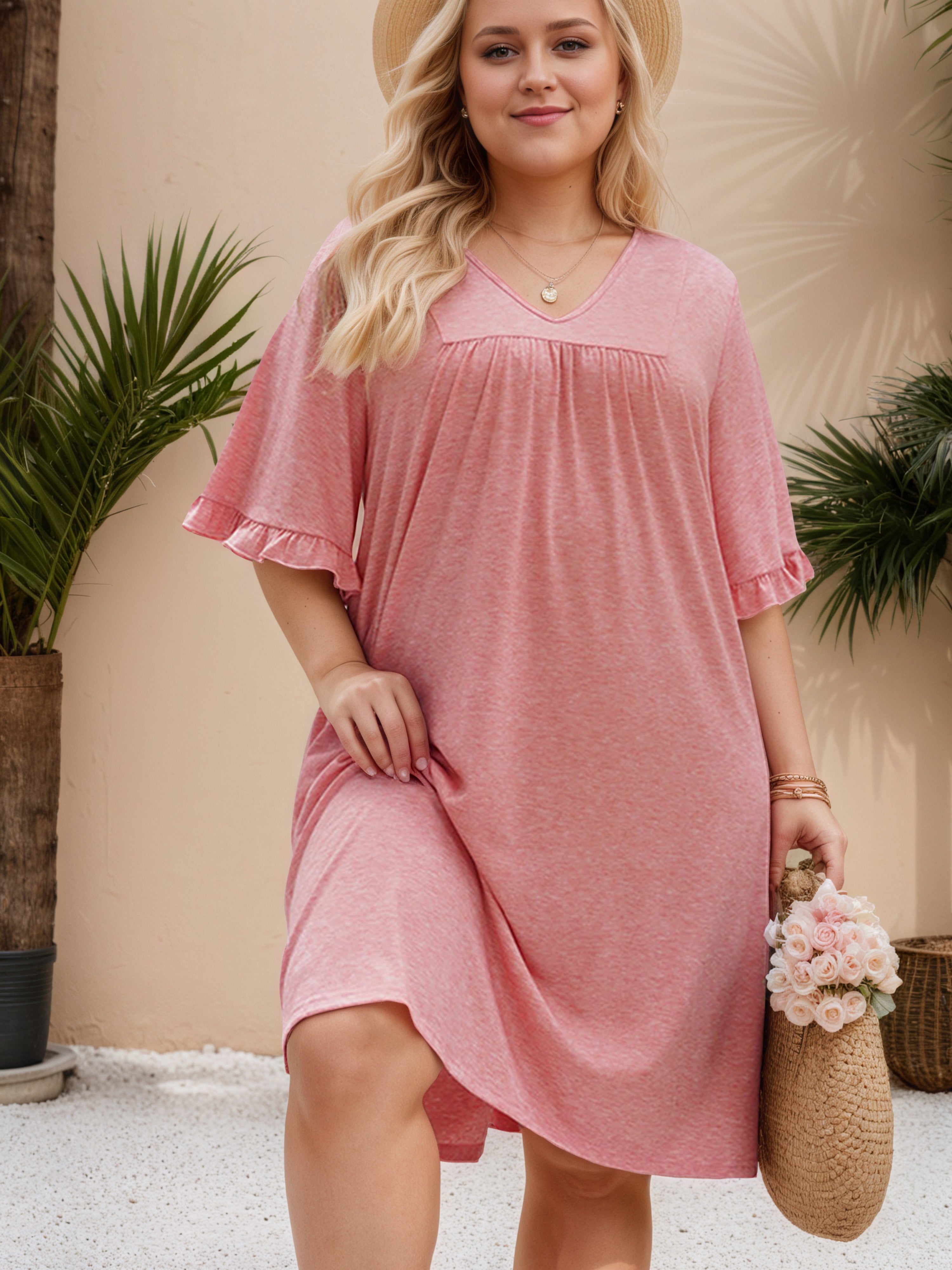 V-Neck Ruffle Sleeves Loose Flamingo Plus Size Dress