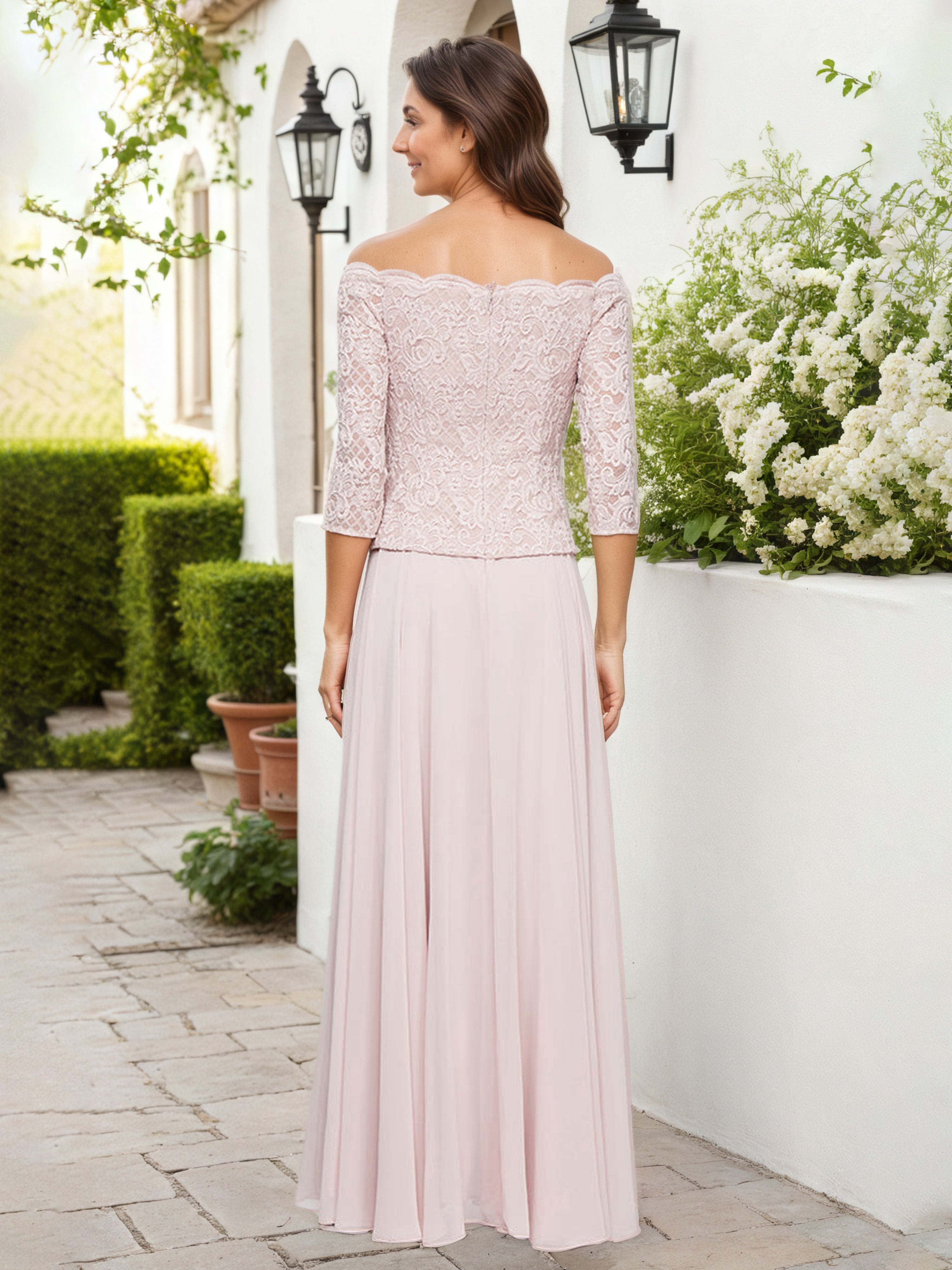 Stretch Lace Scallop Neckline Mock Dress Blush Off the Shoulder Mother Of The Bride Dress