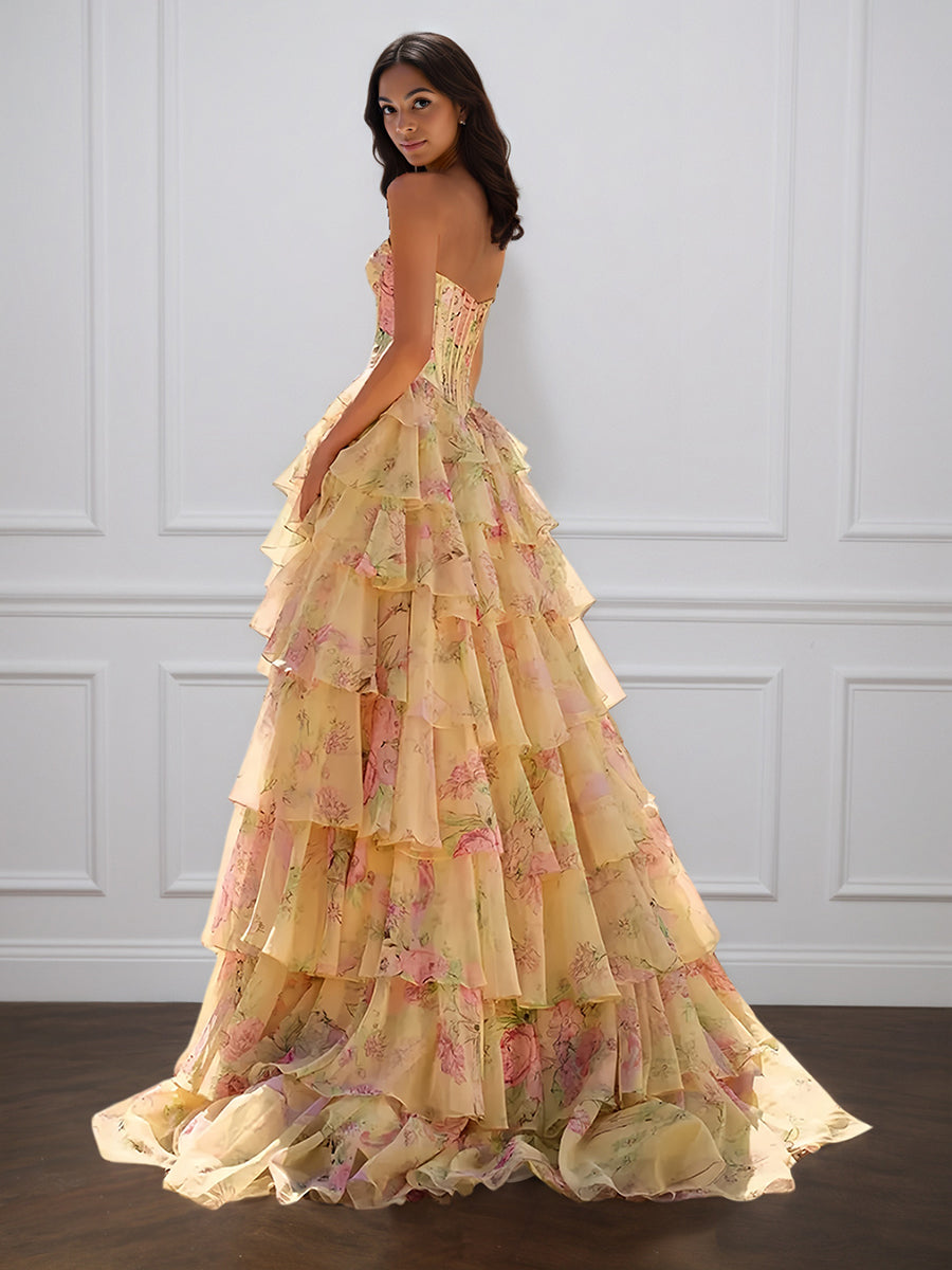 Cicinia Yellow Prom Dress Floral Printed Strapless Layers Sleeveless A-Line Evening Gowns