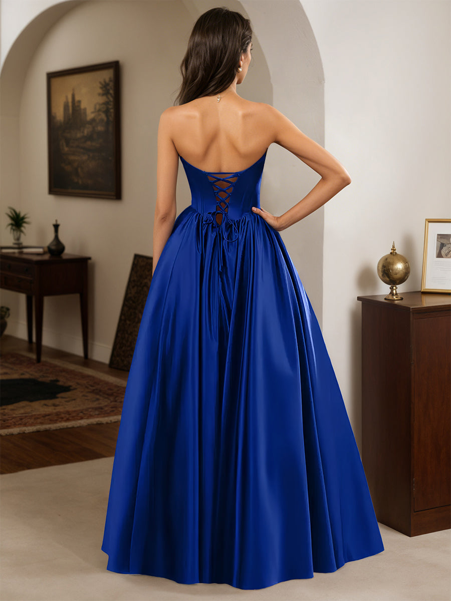 Cicinia Royal Blue Prom Dresses Satin Strapless A-Line Floor Length Sleeveless Pretty Gown