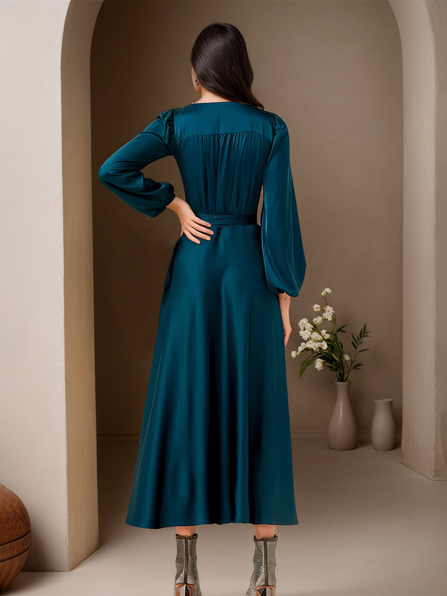 Cicinia Peacock Prom Dresses Satin Chiffon V-neck Puff Sleeves A-Line Tea Length