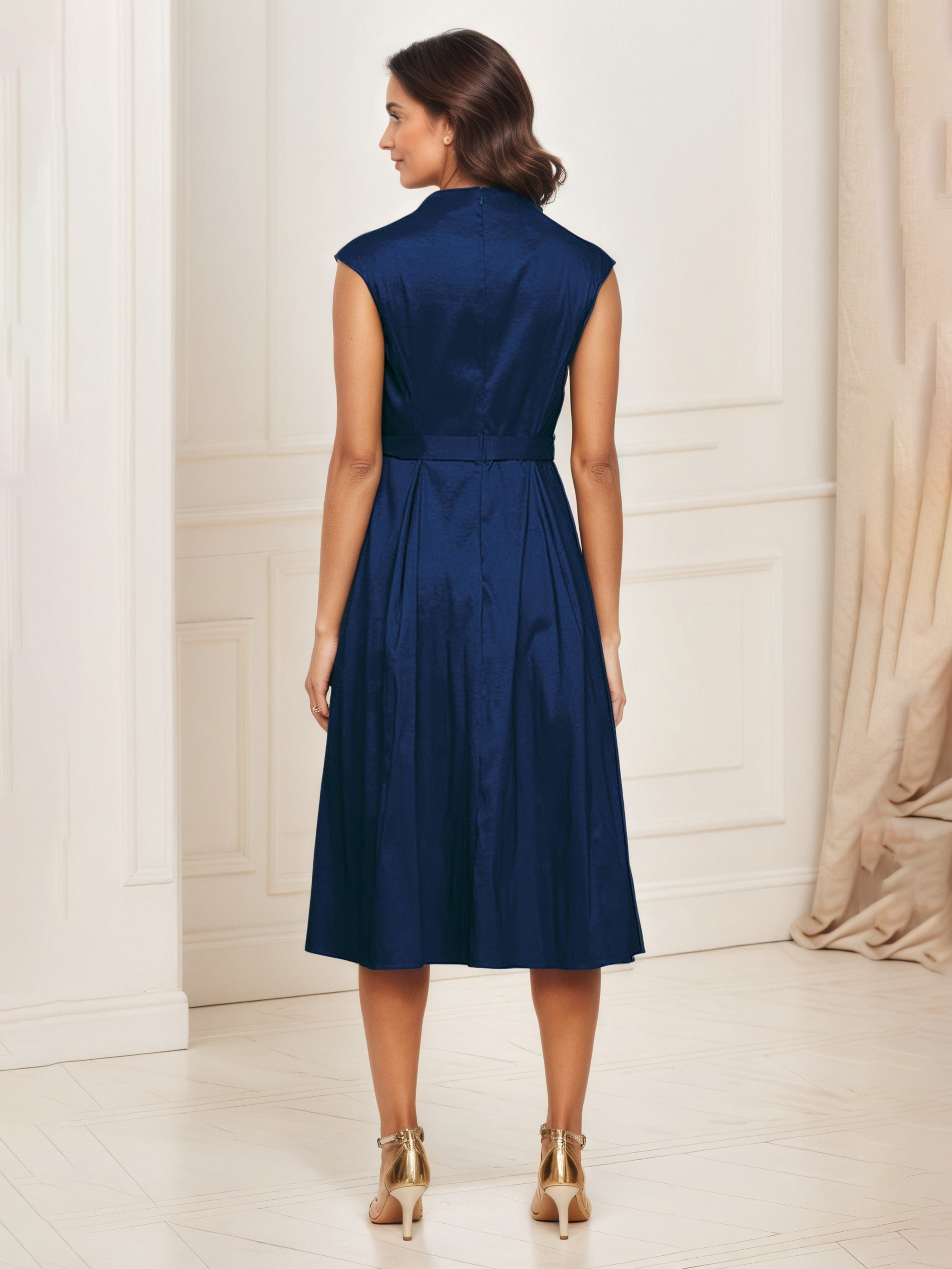 Tea Length A-Line V-neck Tie Waist Mother Of The Bride Dress Dark Navy