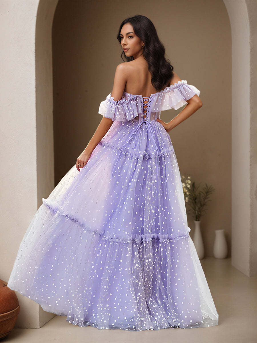Cicinia Lilac Prom Dresses Polka Dot Tulle A-Line Ruffle Off The Shoulder Long Princess Gown