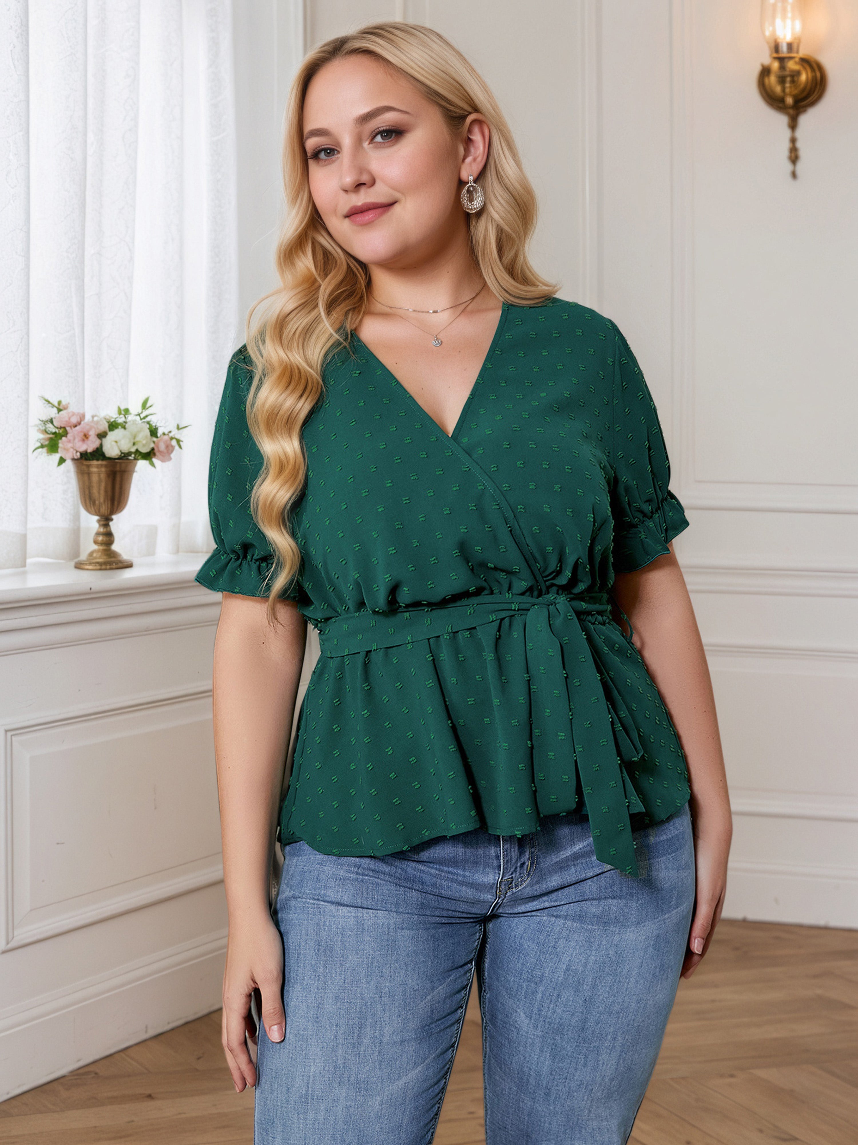 Ruffle Sleeves Plus Size Dark Green V-Neck Blouse