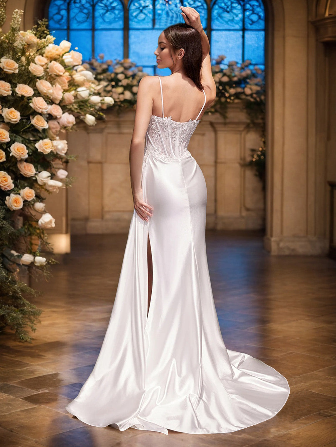 Sheath/Column Stretch Satin Spaghetti Straps Sleeveless Lace Wedding Dress Whit Split