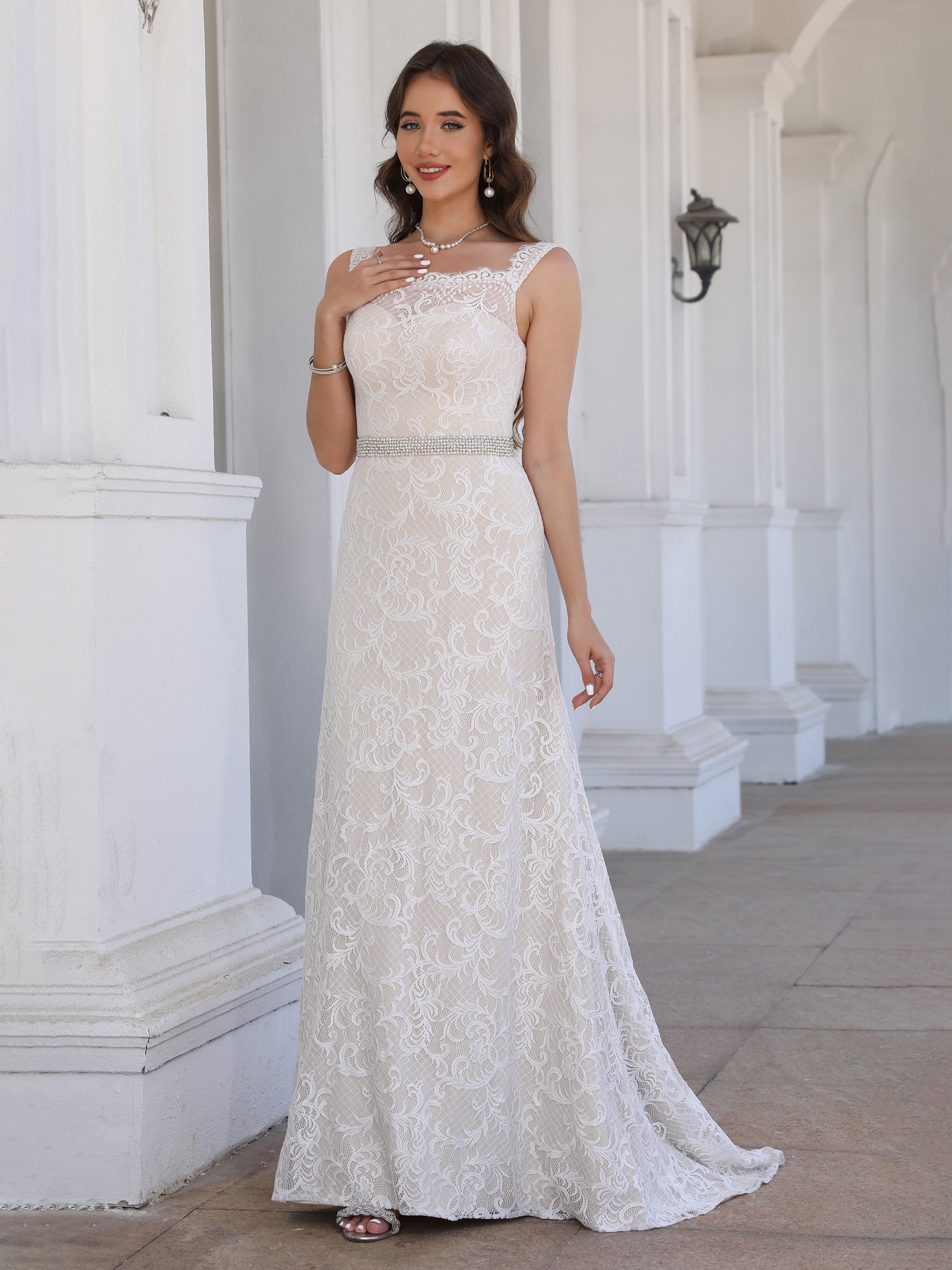 Elegant Square Neckline Lace Sleeveless Sweep/Brush Train Wedding Dress