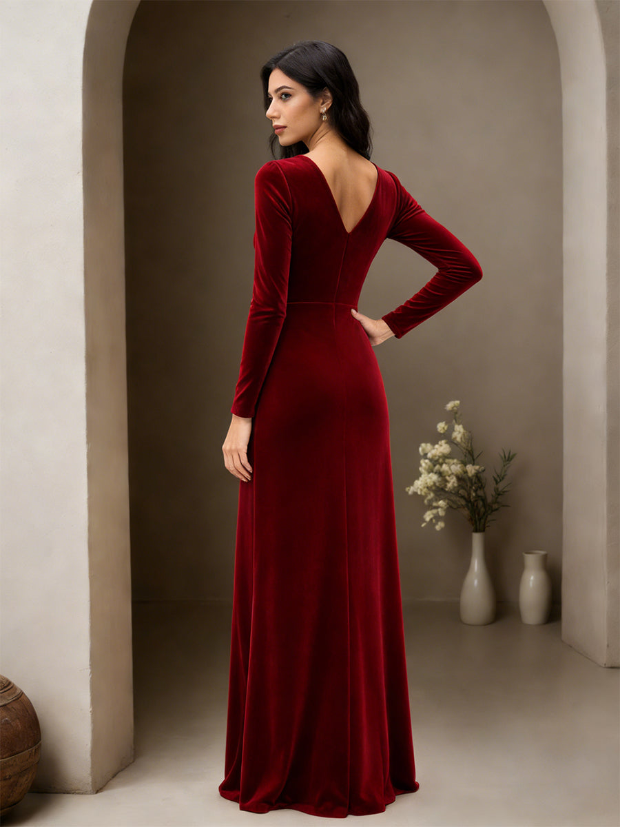 Cicinia Burgundy Prom Dresses Velvet Sheath Long Sleeves V-neck Floor Length