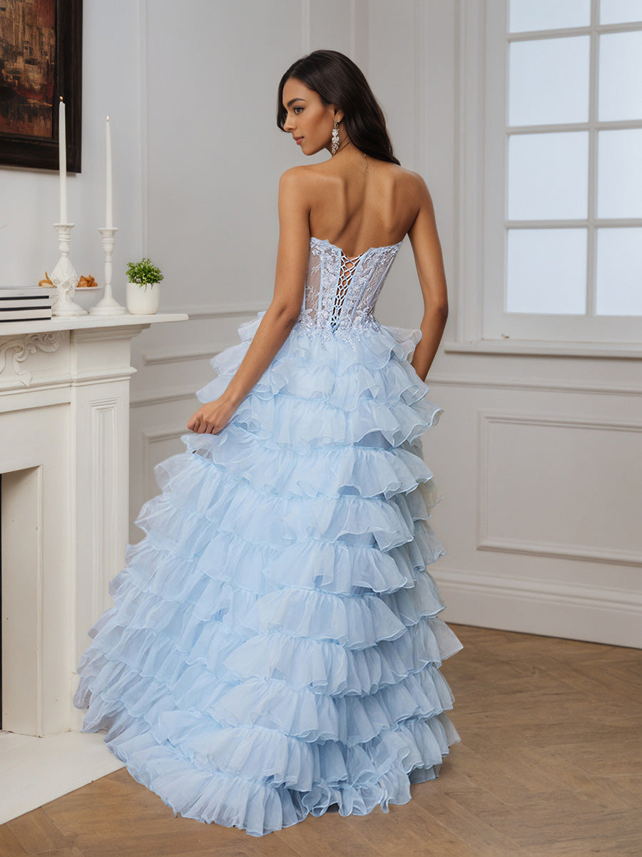 Cicinia Sky Blue Prom Dresses Layered Sweetheart A-Line Floor Length Princess Dress