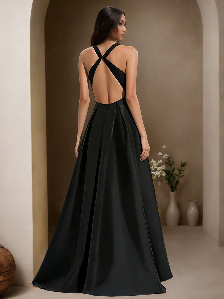 Cicinia Black Prom Dresses Satin Asymmetrical A-Line Deep V-neck Long Evening Gown