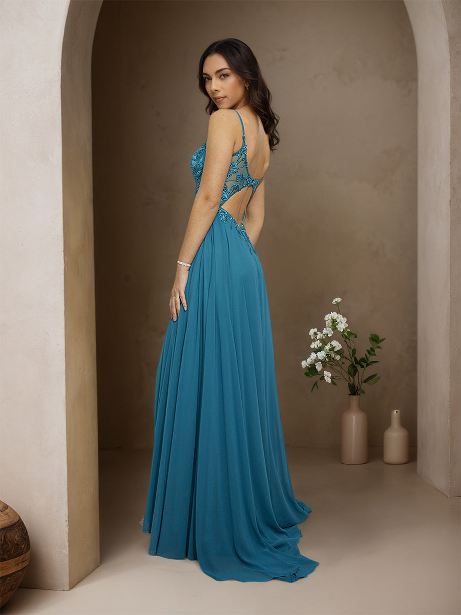 Cicinia Ink Blue Prom Dresses Chiffon Appliques Lace A-Line Spaghetti Straps Sweep Train Party Dress