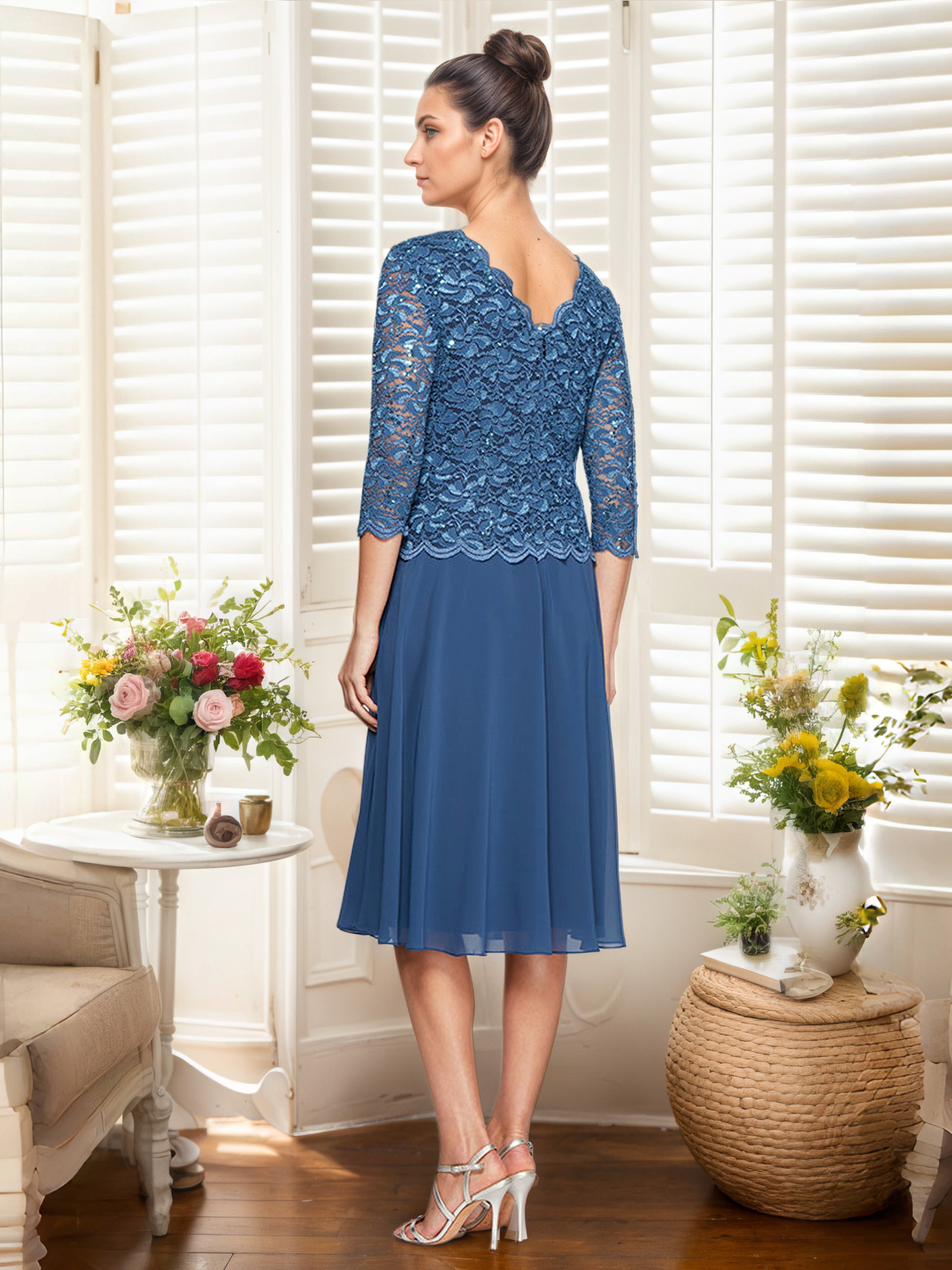 Wedgewood Petite Tea-Length Mother Of The Bride Dress with Sequin Lace Bodice & Chiffon Skirt
