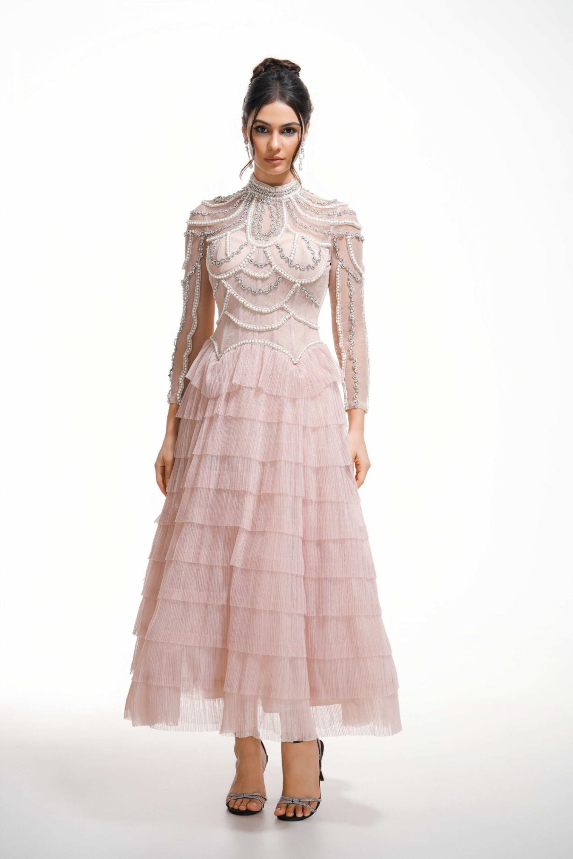 Luxurious A Line Evening Dress Beaded Pink Long Sleeves Prom Dress