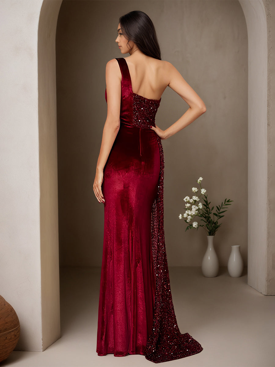 Cicinia Burgundy Prom Dresses Sequins Sheath One Shoulder Sleeveless Velvet Evening Gowns