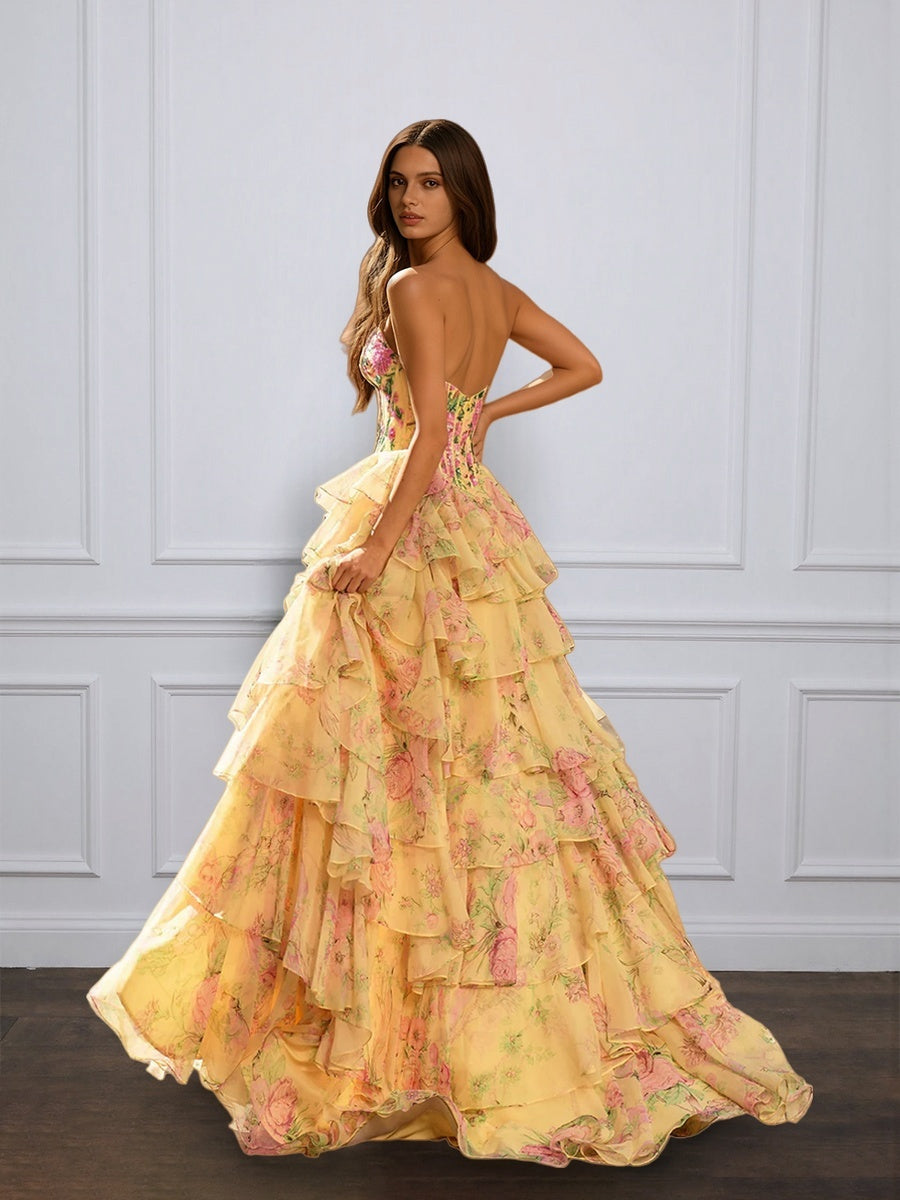 Cicinia Yellow Floral Prom Dress Printed Fabric Strapless Layers with Split A-Line Evening Gowns