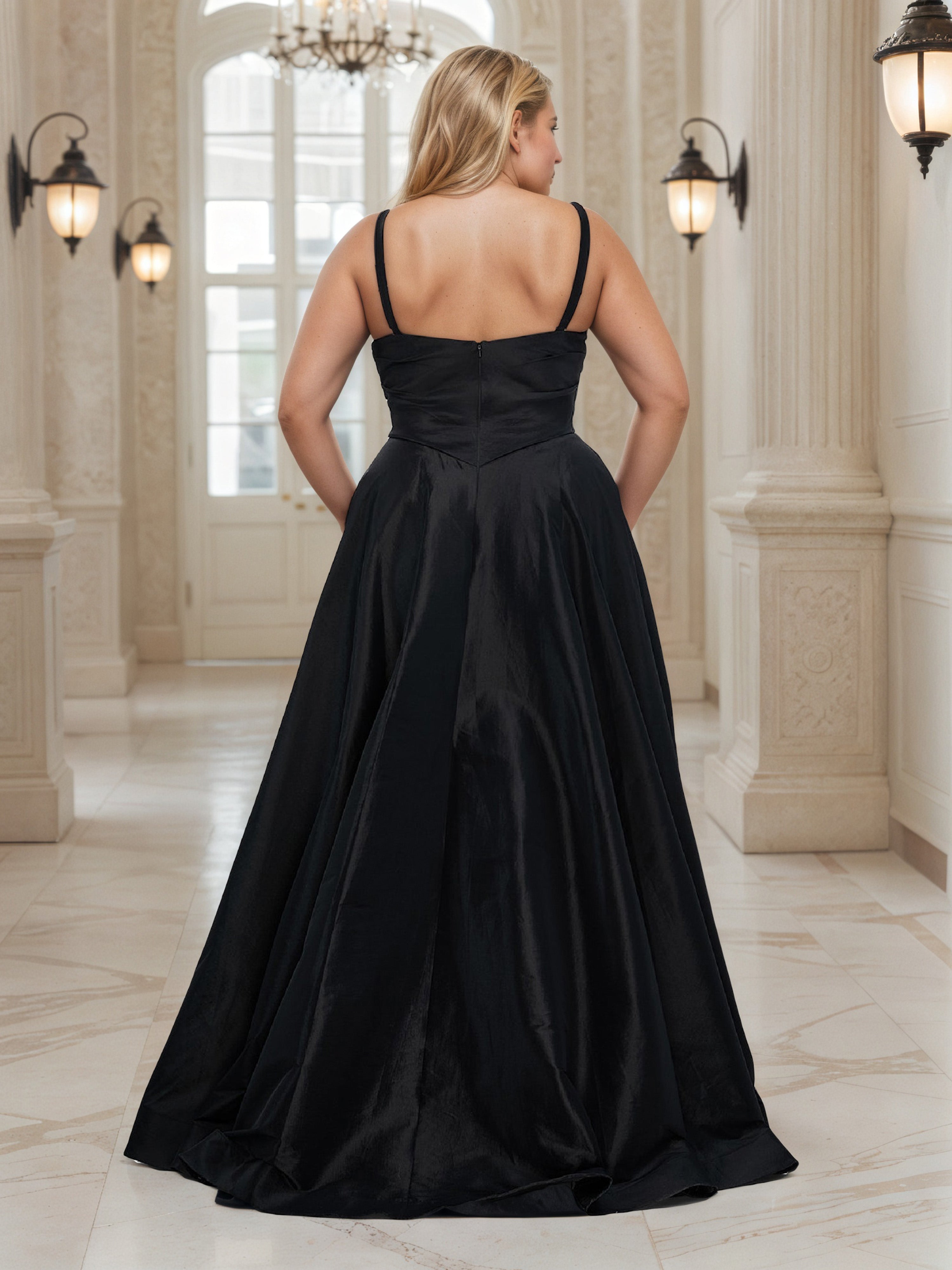 V-Neck Black Spaghetti Straps Satin Prom Dress A-Line Plus Size Dress with Split