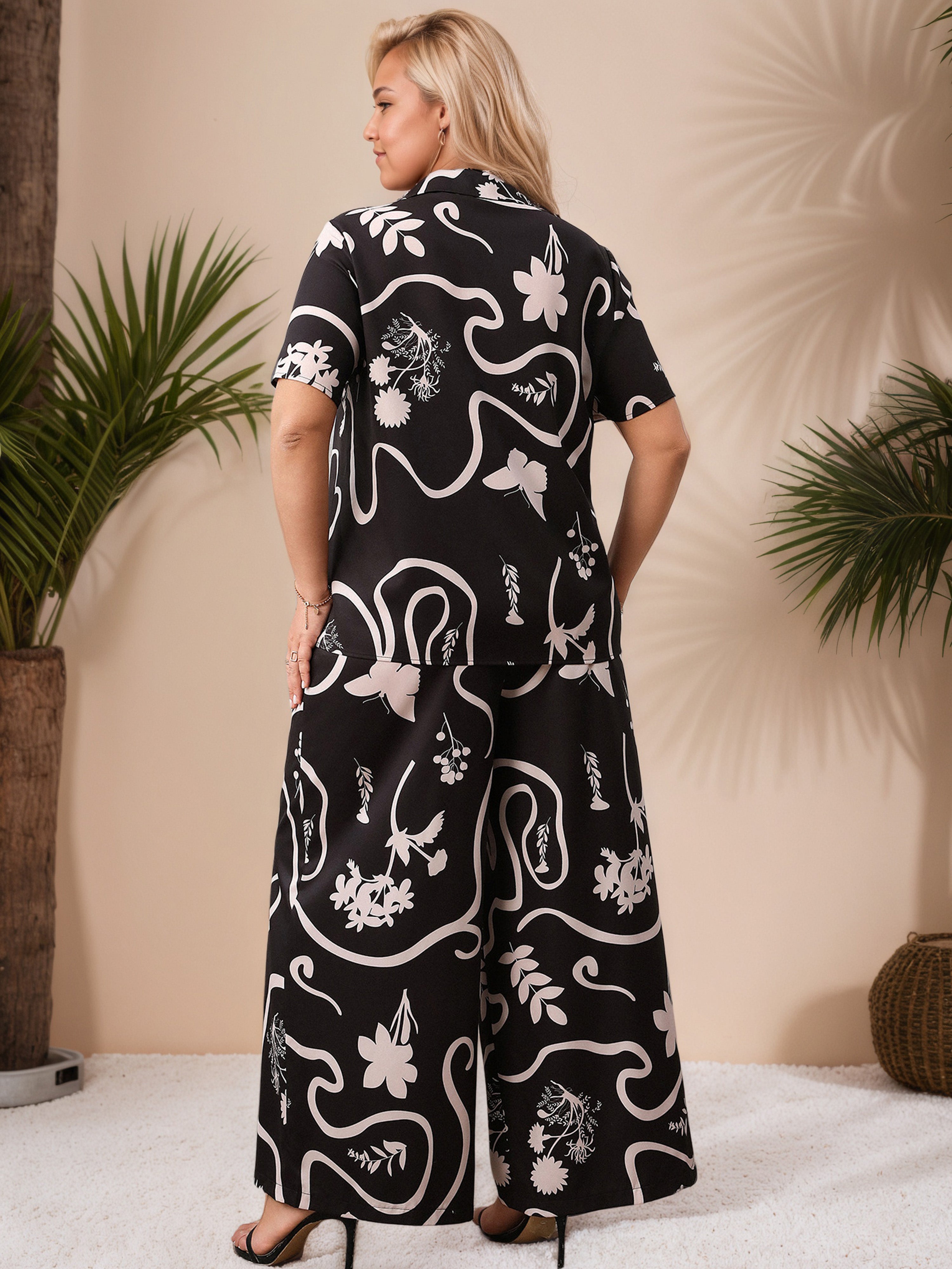 Black Floral Jacket Half Sleeves Loose Plus Size Suits