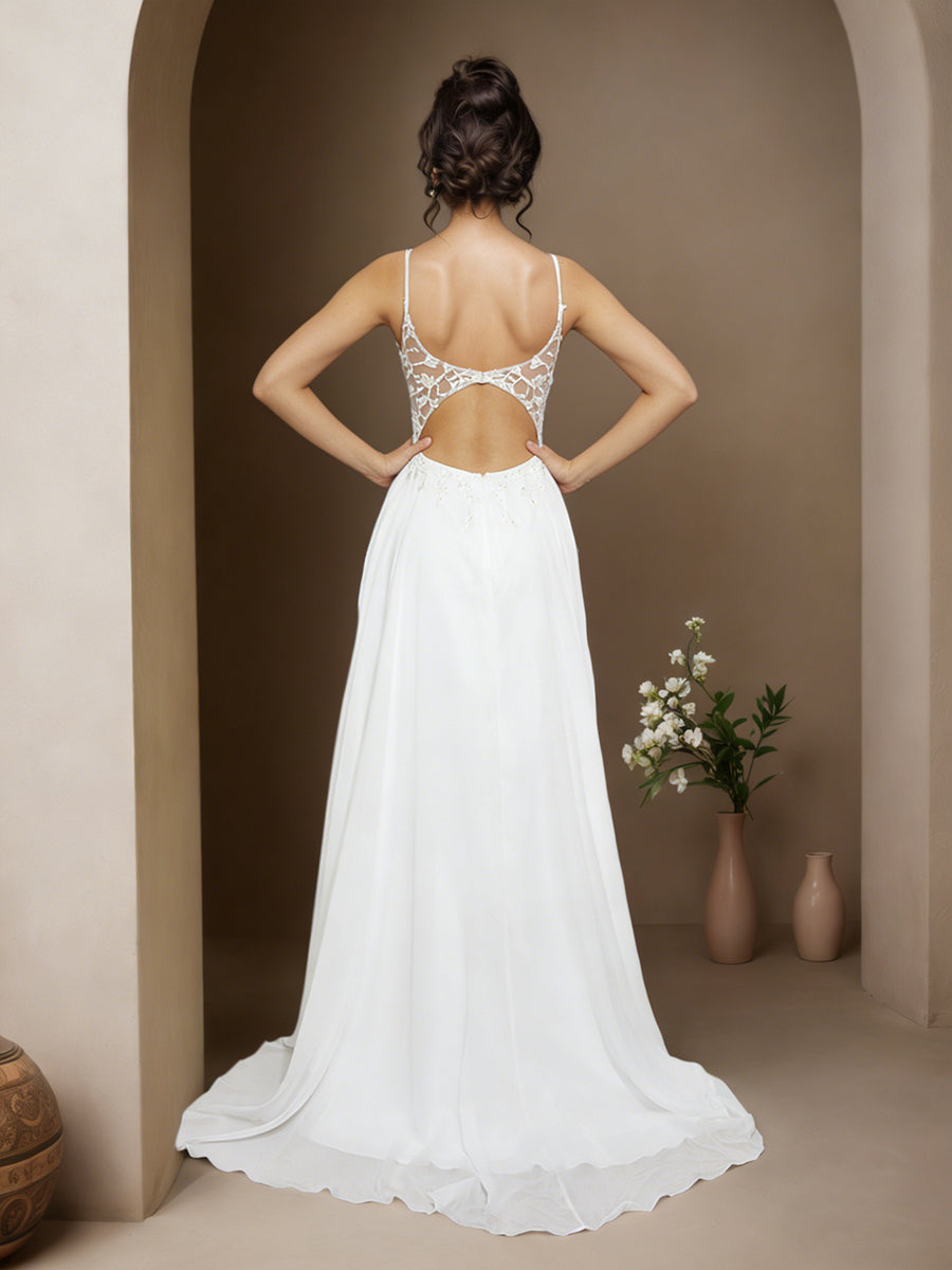 Cicinia Ivory Prom Dresses Chiffon Appliques Lace A-Line Spaghetti Straps Sweep Train Party Dress