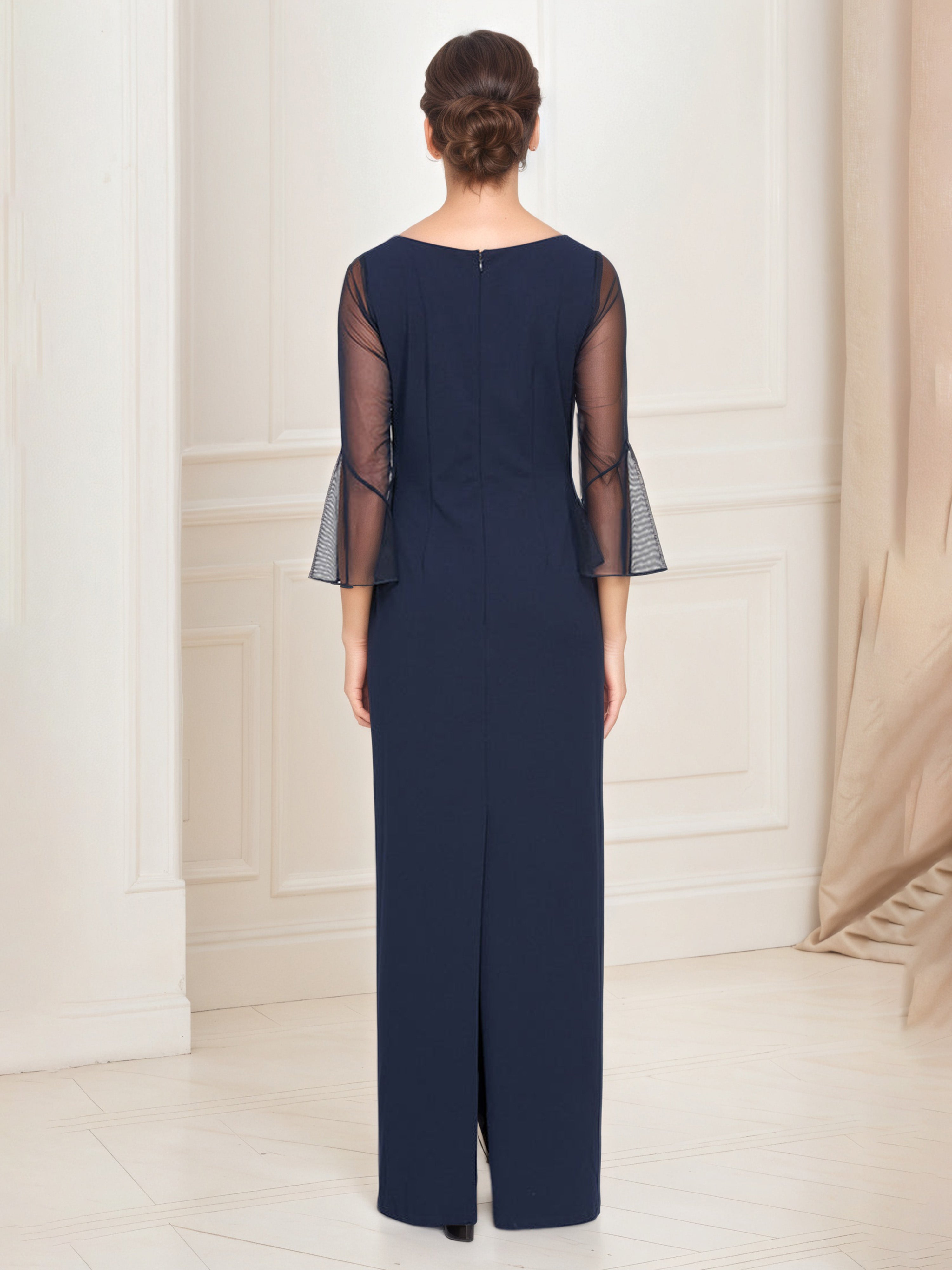 Dark Navy Mother Of The Bride Dress Sheath Beaded Neckline Illusion Sleeves Long Dress
