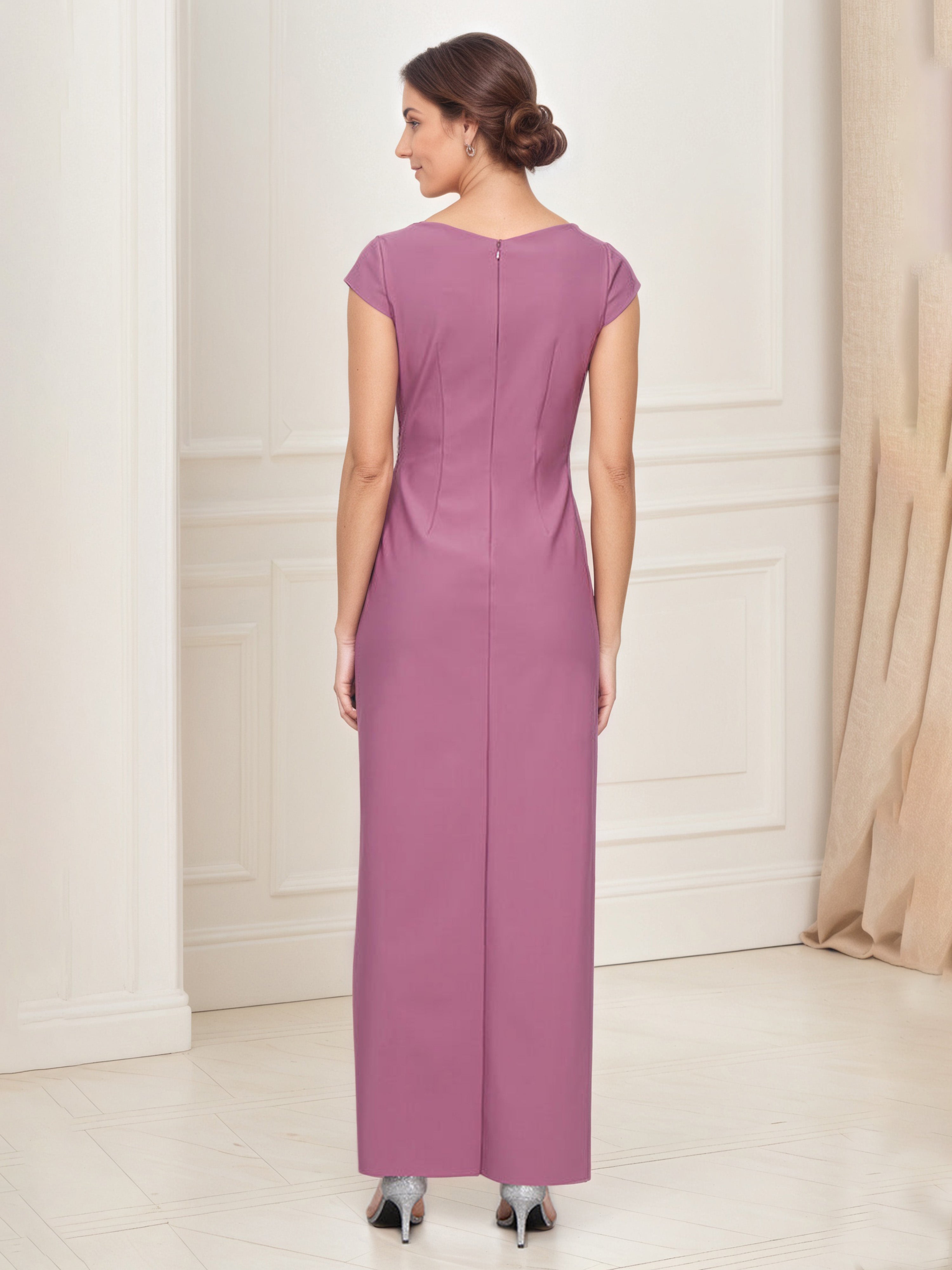 Cap Sleeves V-Neck Beaded Embellishment Waist Dark Mauve Mother Of The Bride Dress