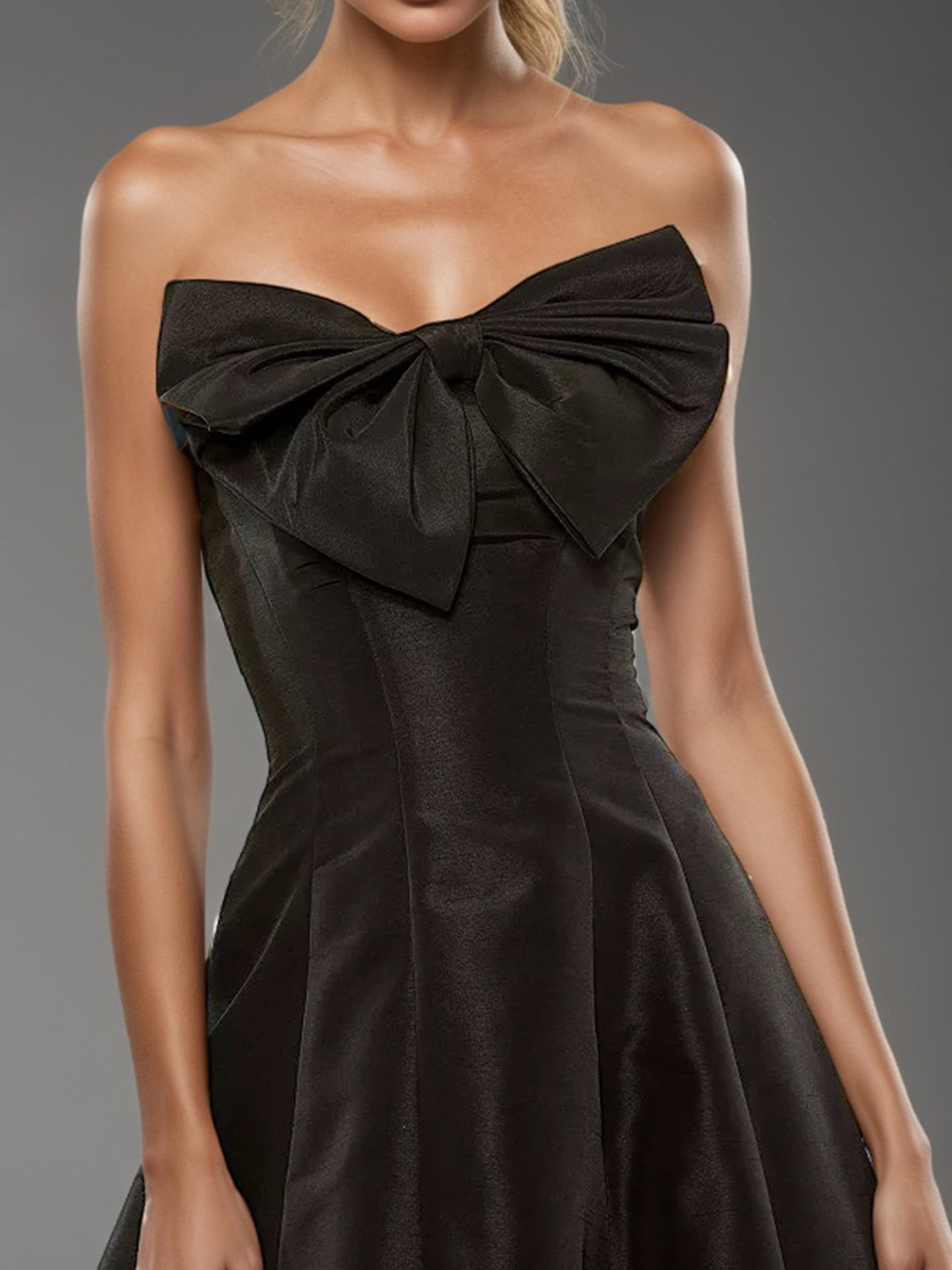 Little Black Dress Sweet A Line Strapless Black Ankle Length Prom Dress With Bowknot
