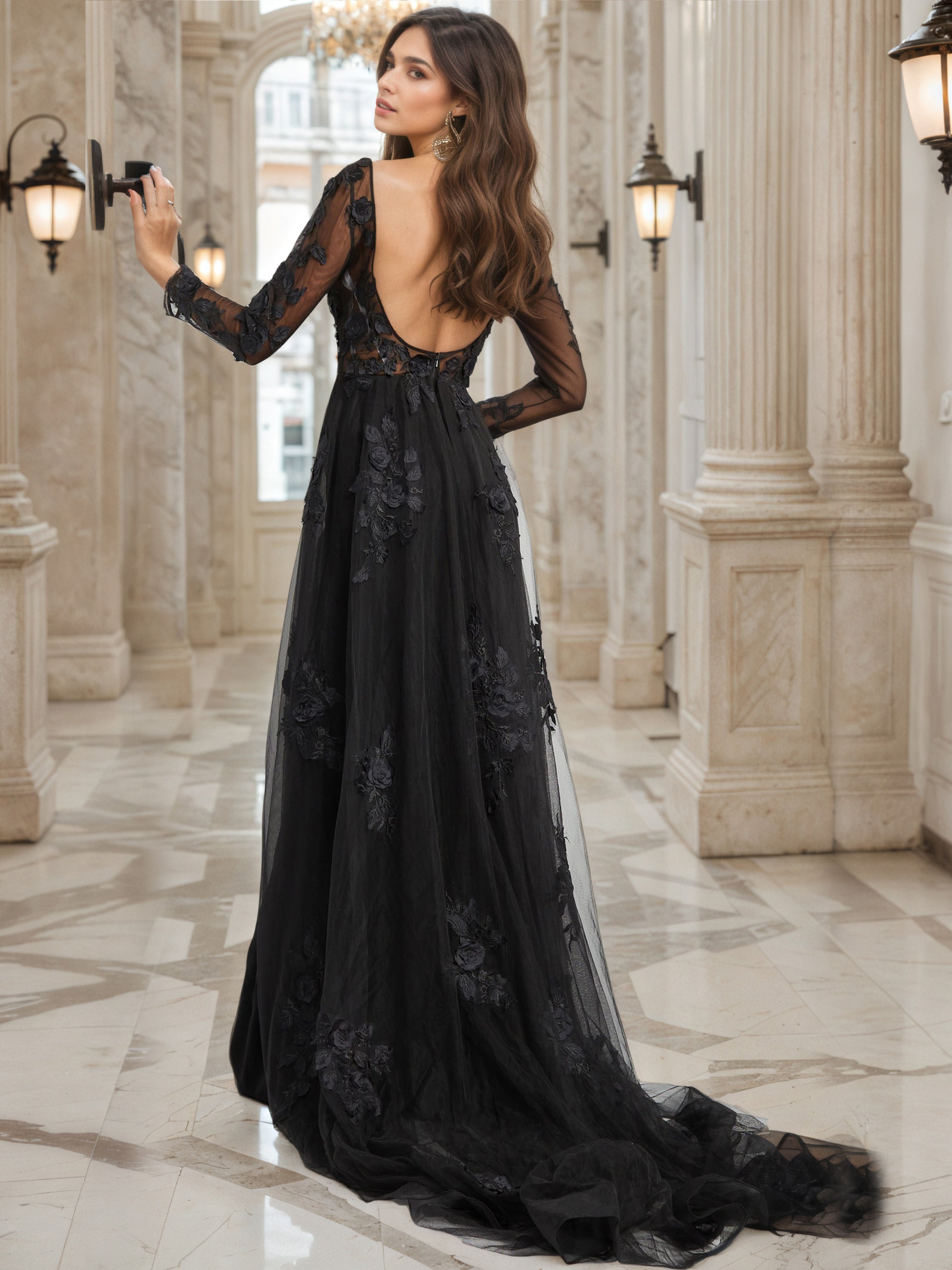 Embellished Long Sleeve Sweep/Brush Train Black Prom Dresses Pants Suit