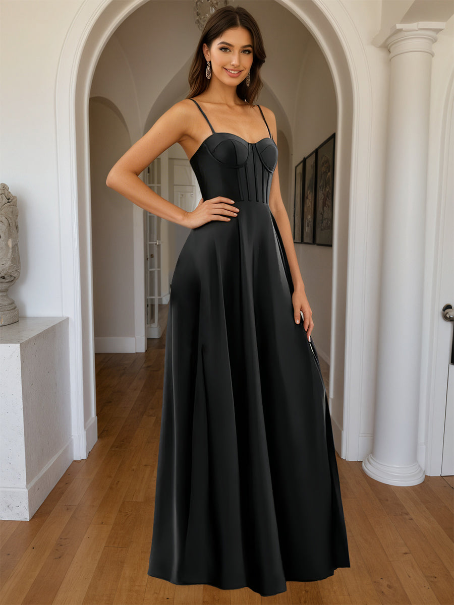 Cicinia Black Prom Dresses Satin Sweetheart A-Line Spaghetti Straps Floor Length with Split