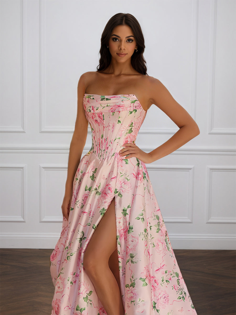 Cicinia Blushing Pink Prom Dress Floral Printed Fabric Strapless A-Line Slit Evening Gowns