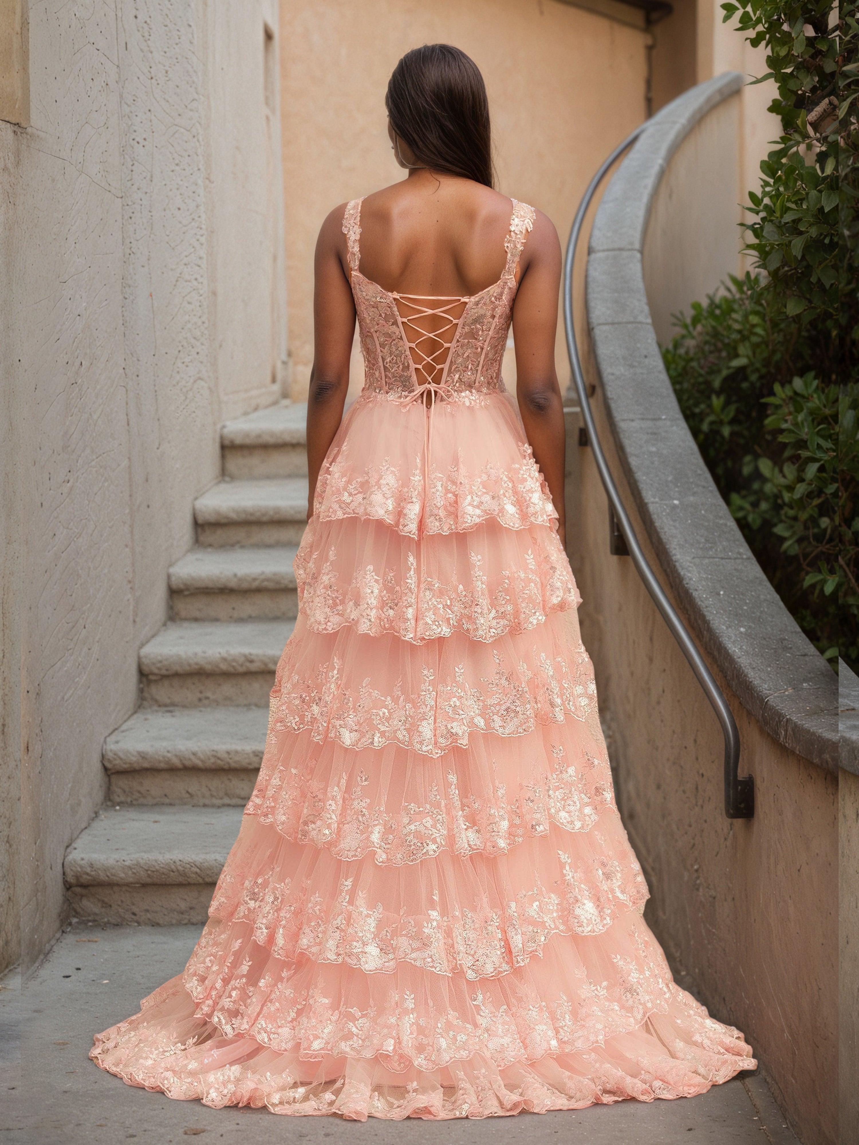 Coral A-Line Lace Straps Off The Shoulder Tiered Long Prom Dress with Split