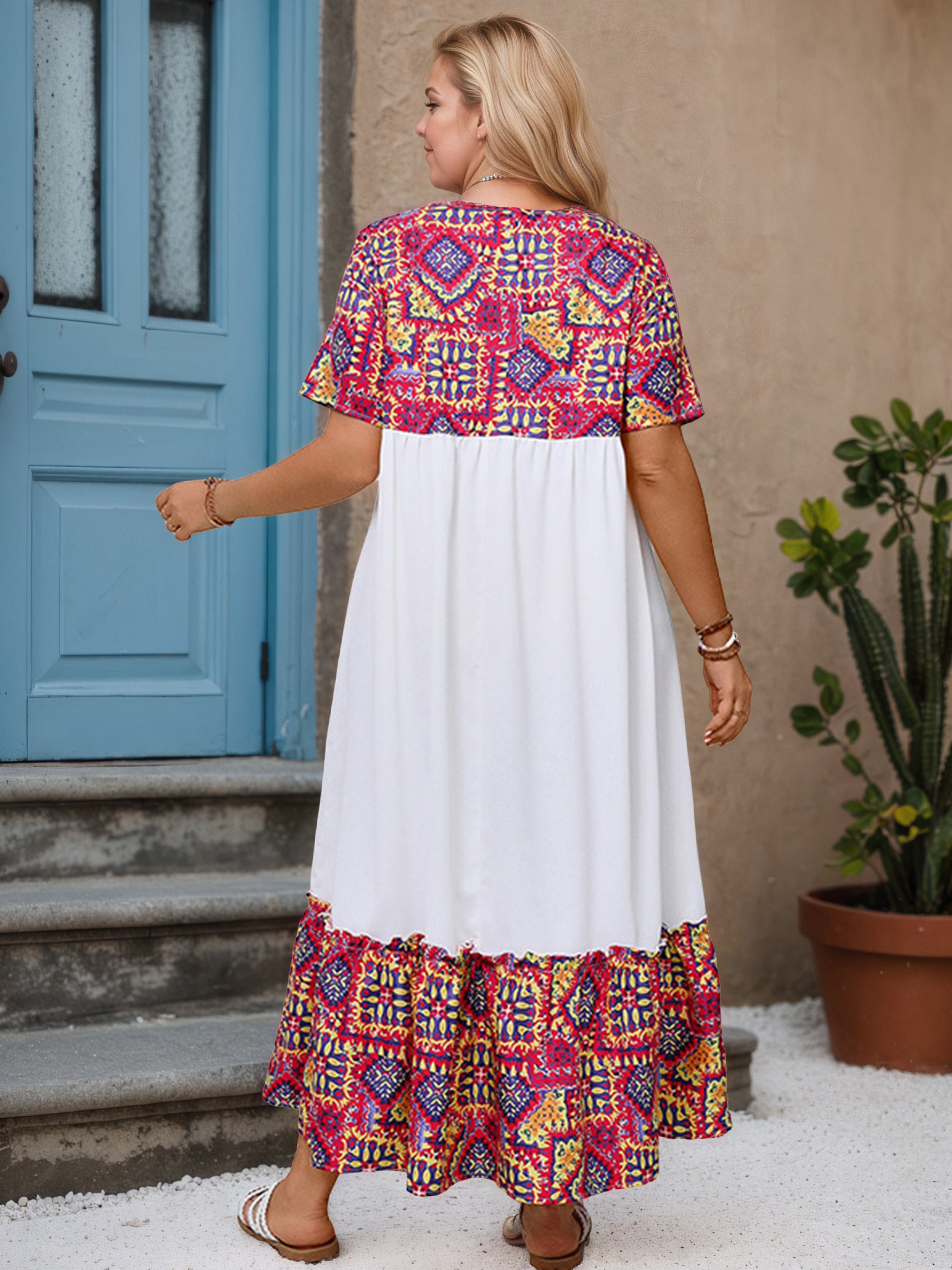 Plain Patchwork Short Sleeves Ankle Length Plus Size Dress