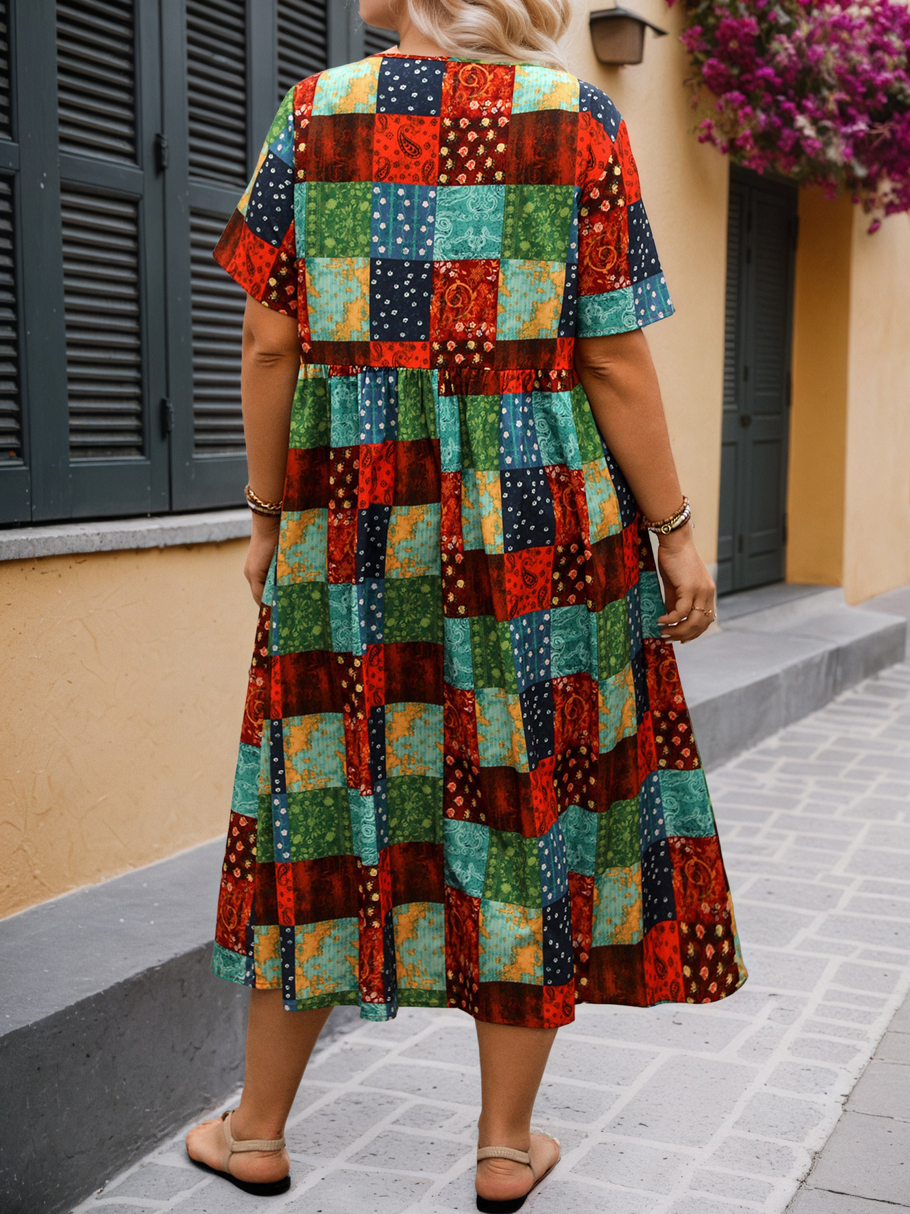 Plaid Patchwork Short Sleeves Tea Length Plus Size Dress