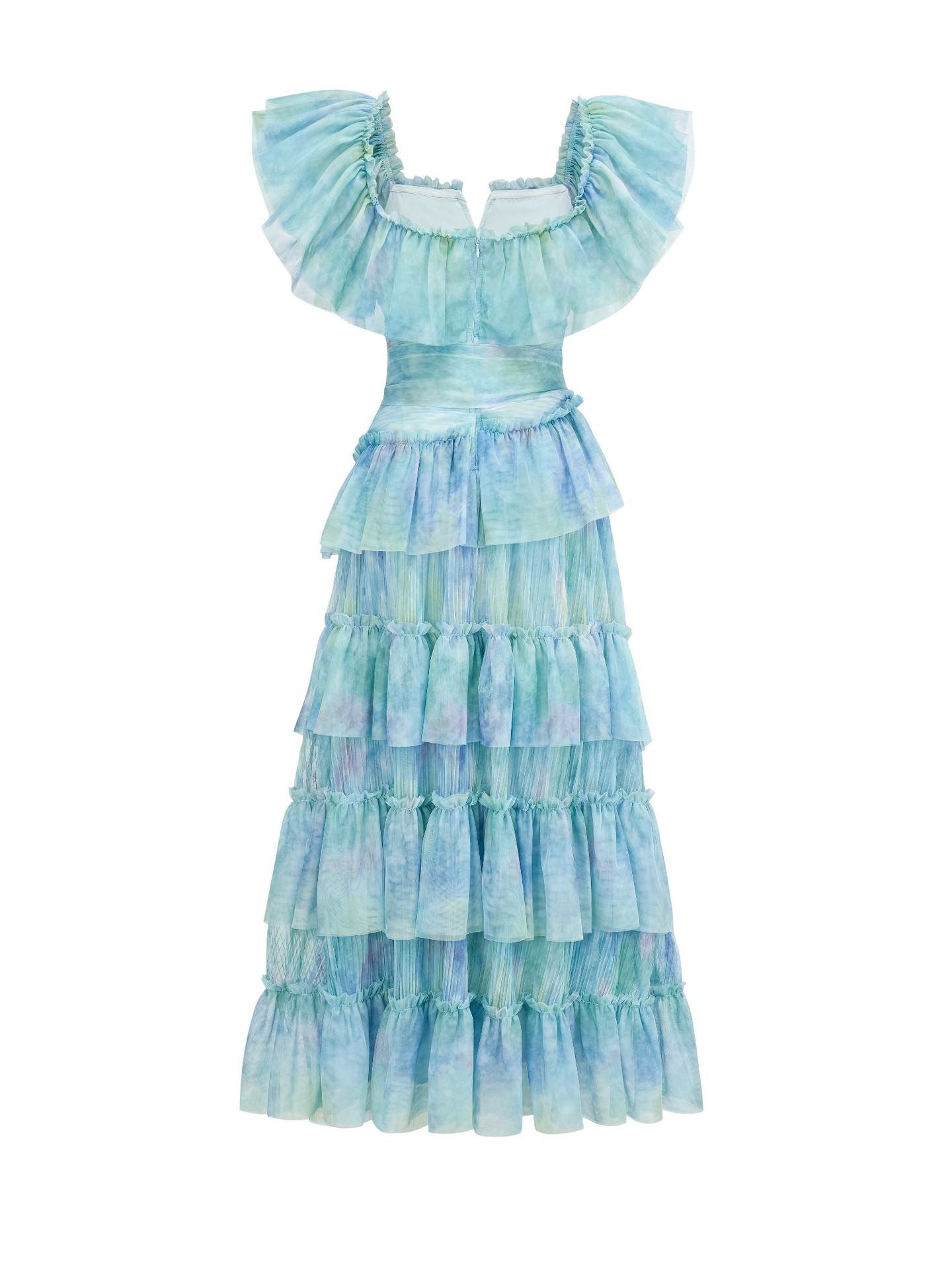 Square Neck Sweet A Line Ruffle Blue Long Prom Dress