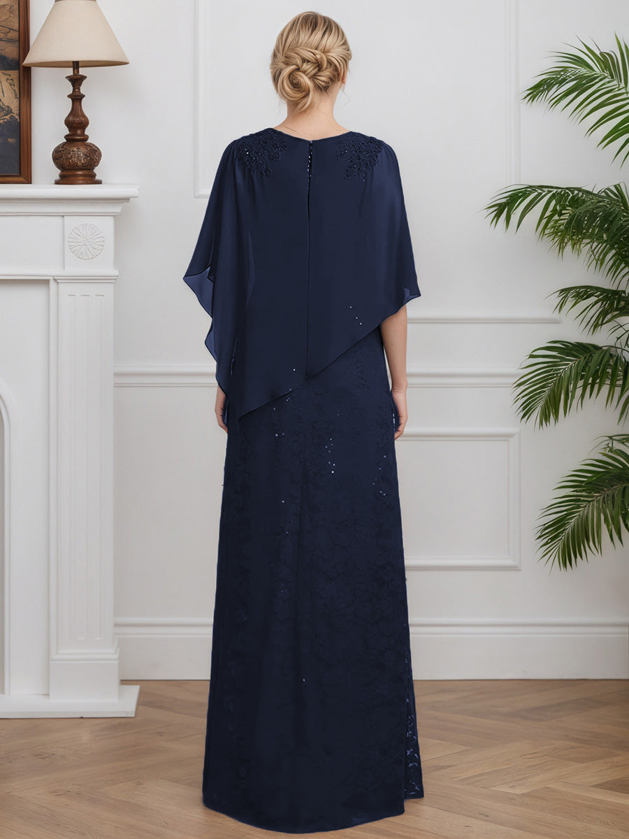 Cicinia Dark Navy Mother Of The Bride Dresses Chiffon Lace Half Sleeves Round Neckline Floor Length