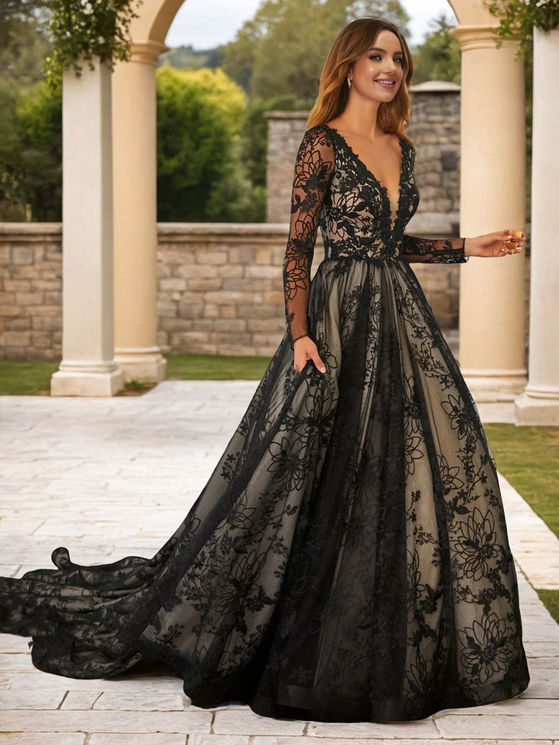 Sweep/Brush Train V-Neck Removable Long Sleeve Tulle Wedding Dress