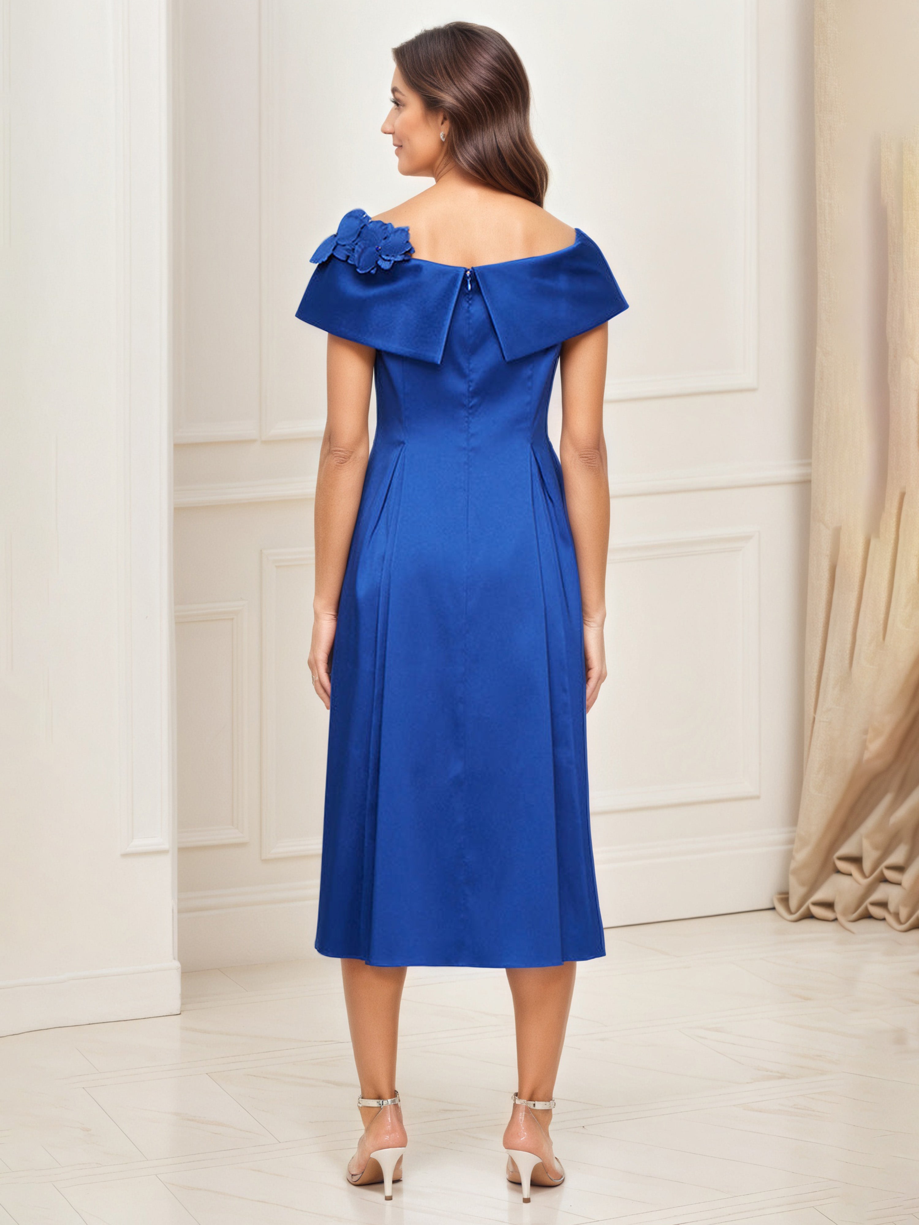 Formal A-Line Satin Mother Of The Bride Royal Blue Dress with 3D Flower