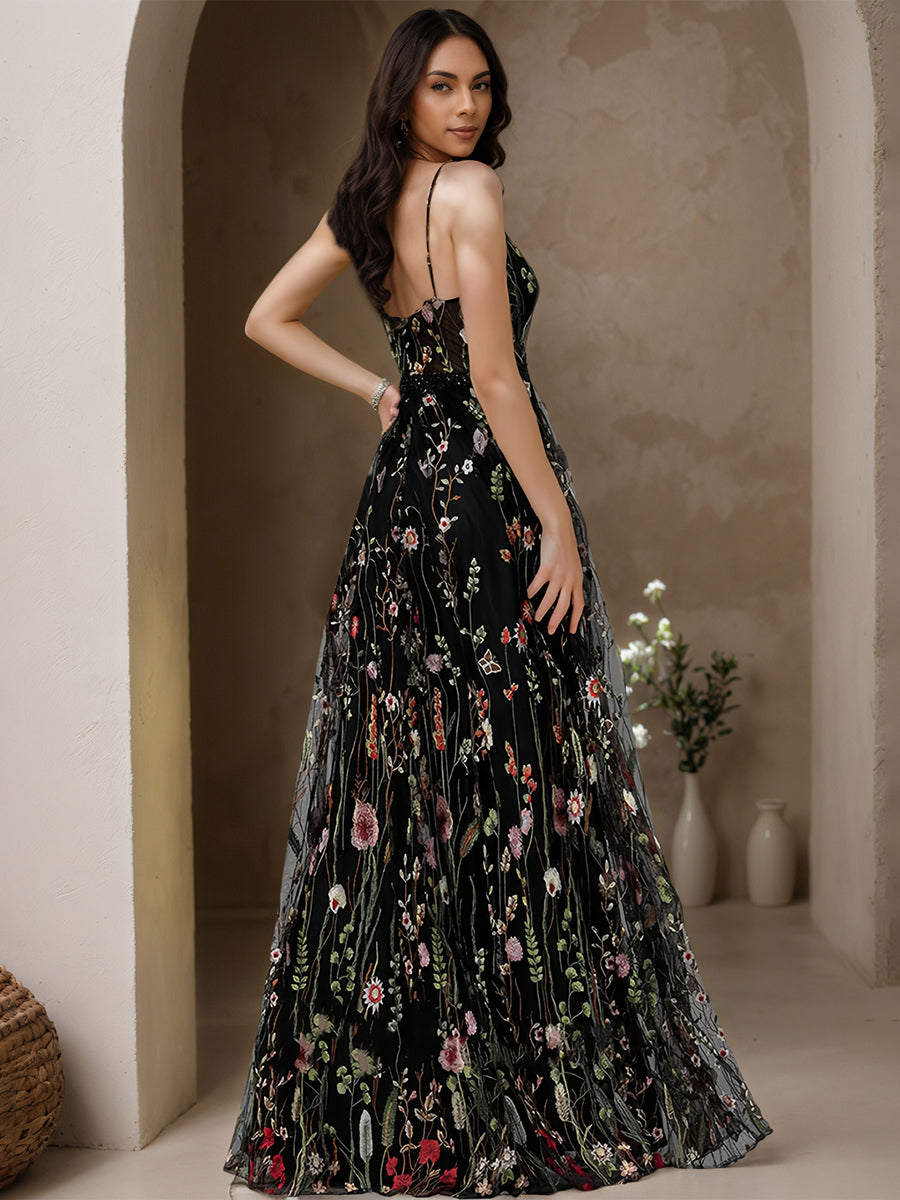 Cicinia Black Prom Dresses Floral Lace A-Line V-Neck Spaghetti Straps Beaded Floor Length Prom