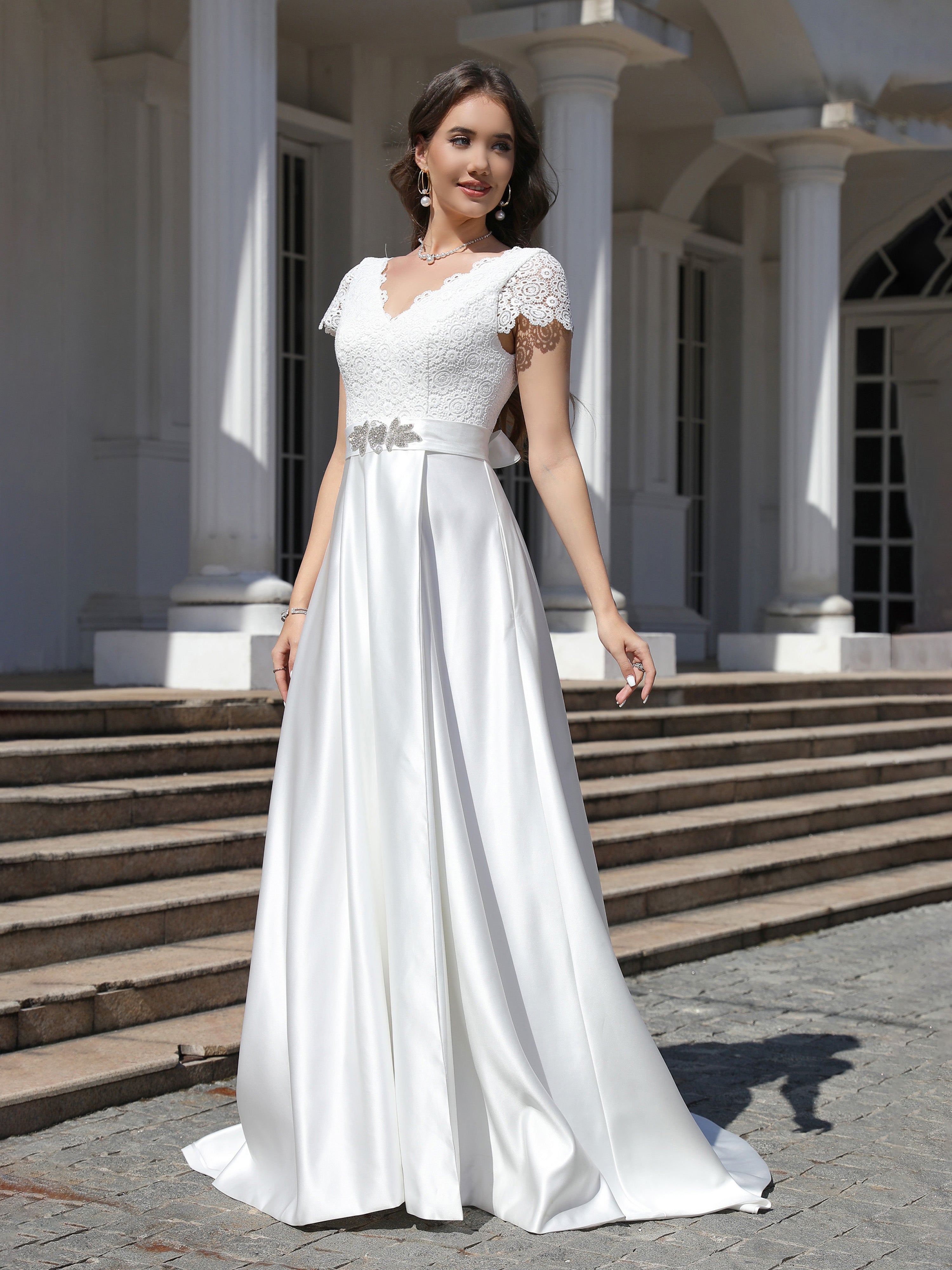 Sweep/Brush Train A Line Short Sleeves Lace Satin Wedding Dress With Beading