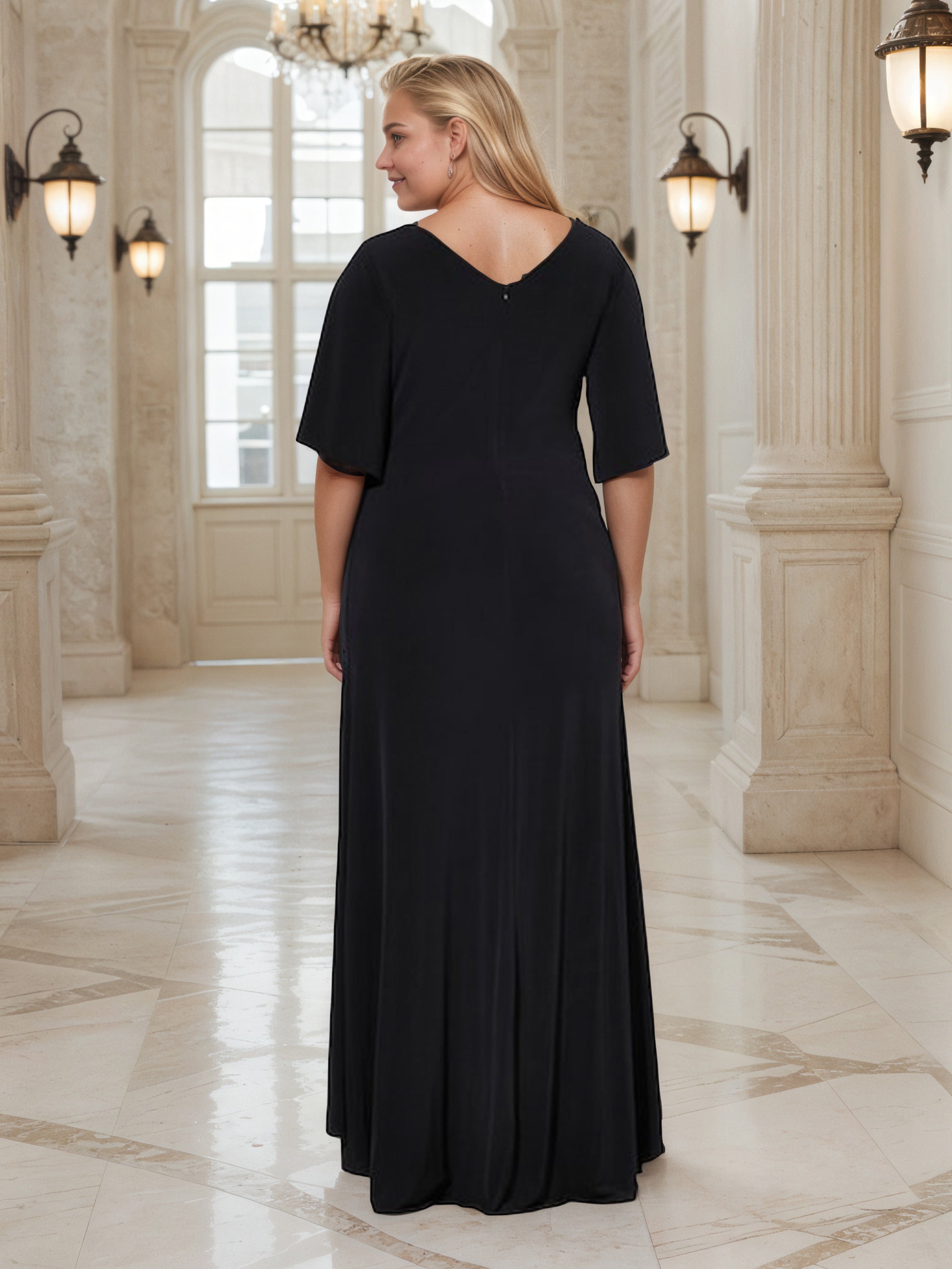V Neck Half Sleeves Long Plus Size Dress with Split
