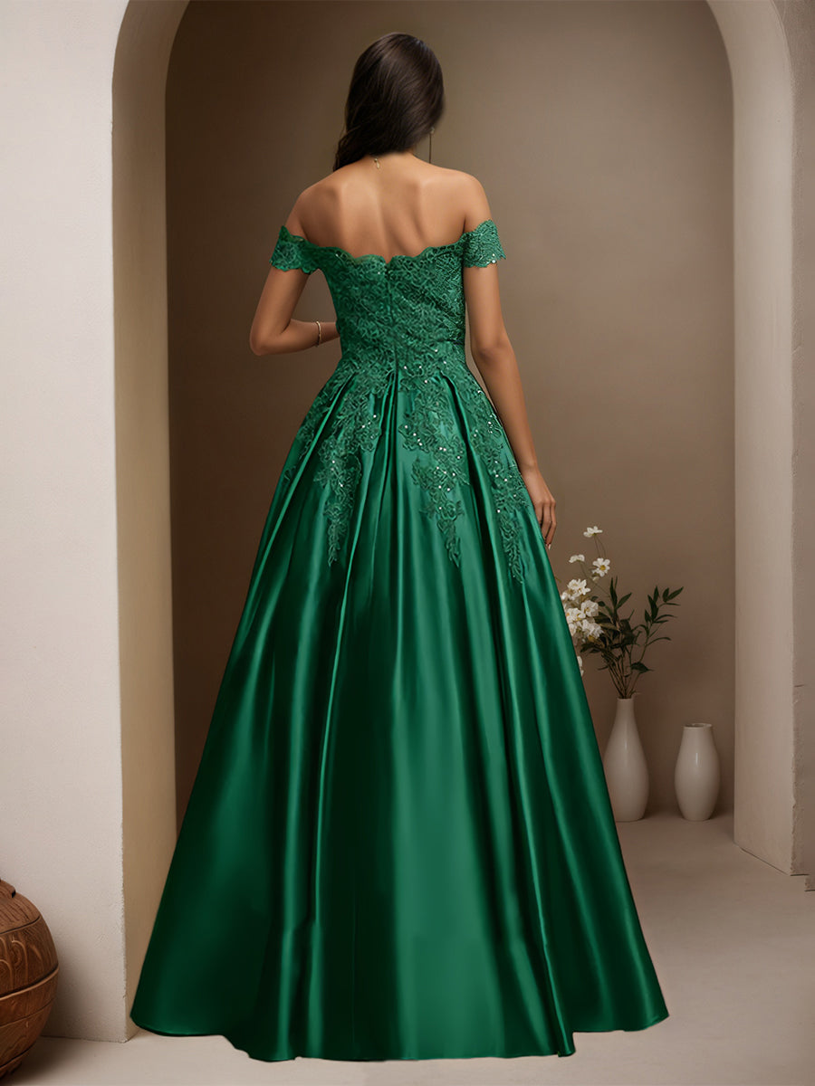 Cicinia Dark GreenProm Dresses Satin Appliques Lace A-Line Off The Shoulder Long Evening Gowns