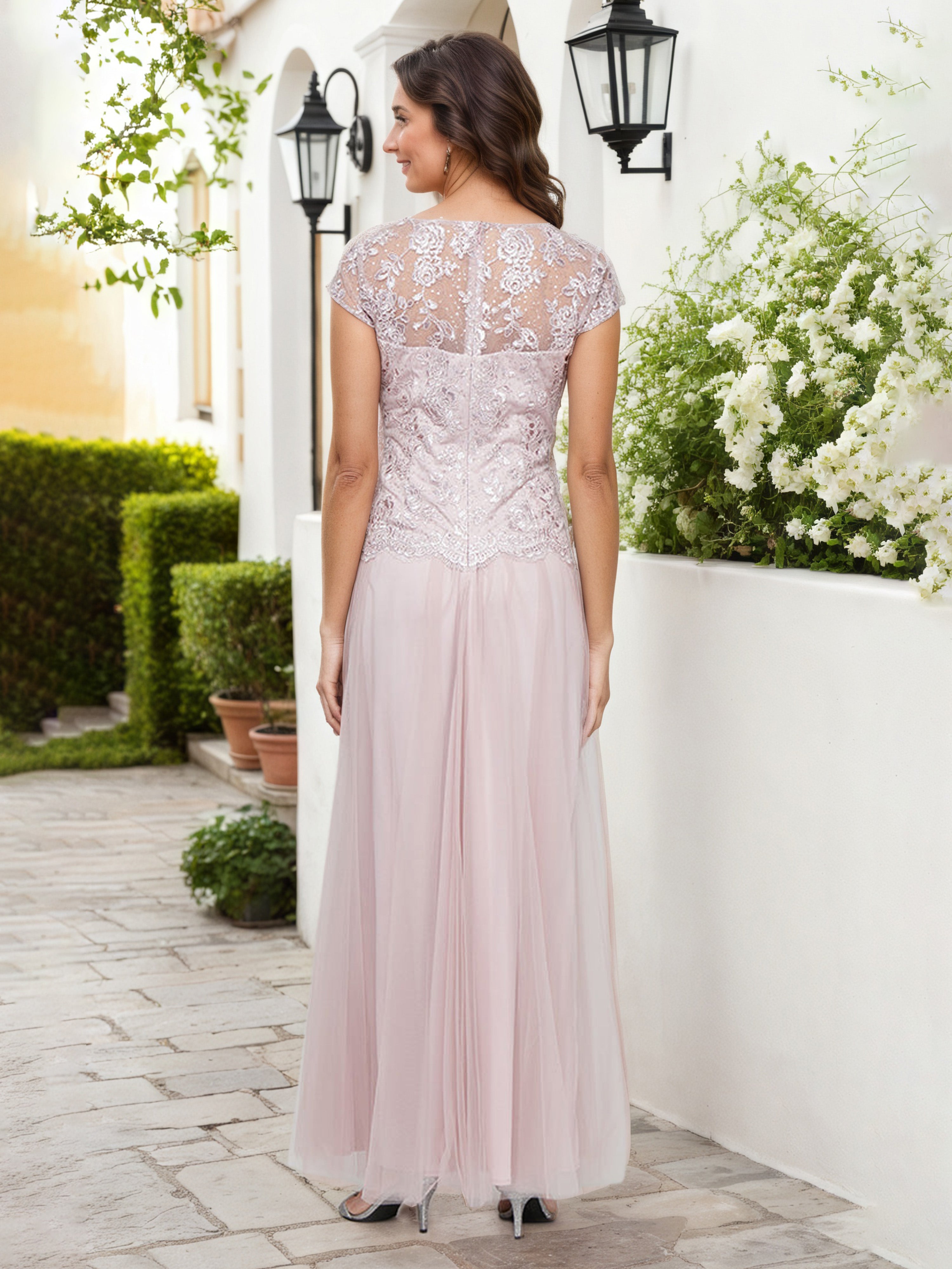 Cap Sleeves Long Embroidered Mock Dress Blush V-Neck Mother Of The Bride Dress