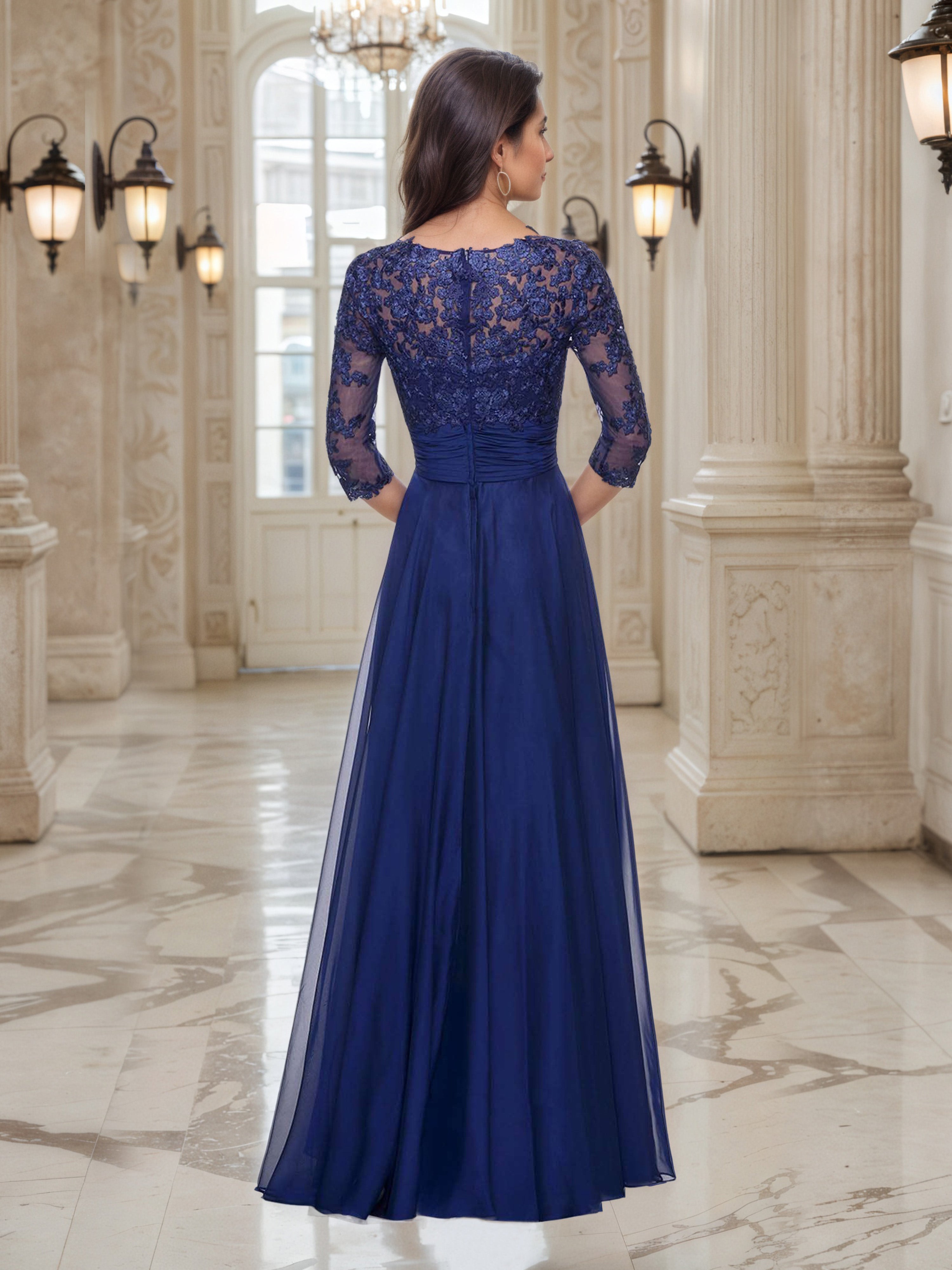 Navy Blue A-Line V-Neck 3/4 Lace Sleeves Prom Dress