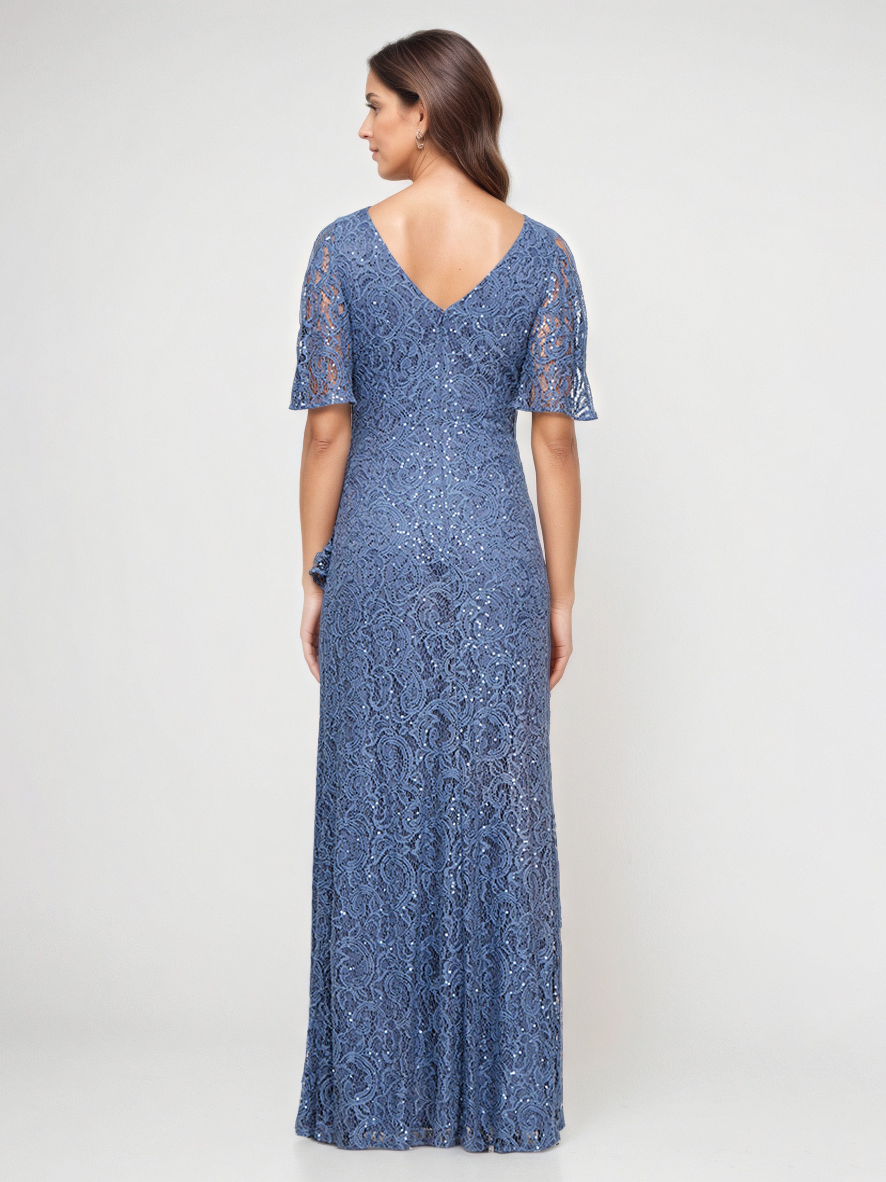 Cold Shoulder Sleeves Long V-Neck Stretch Sequin Lace Mother Of The Bride Dress