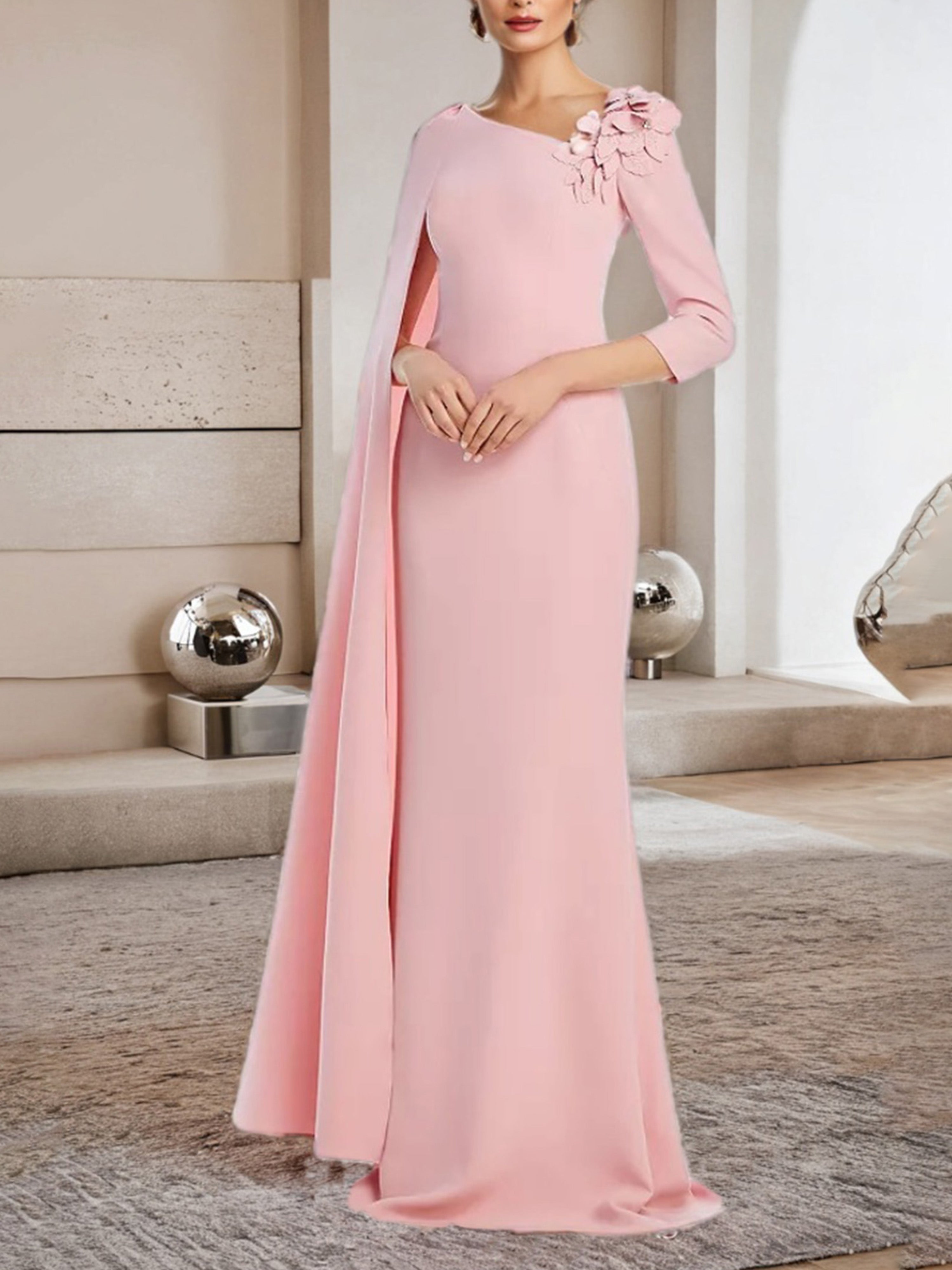 Blush Prom Sheath/Column Elegant 3/4 Length Sleeves Pink Long Prom Dress